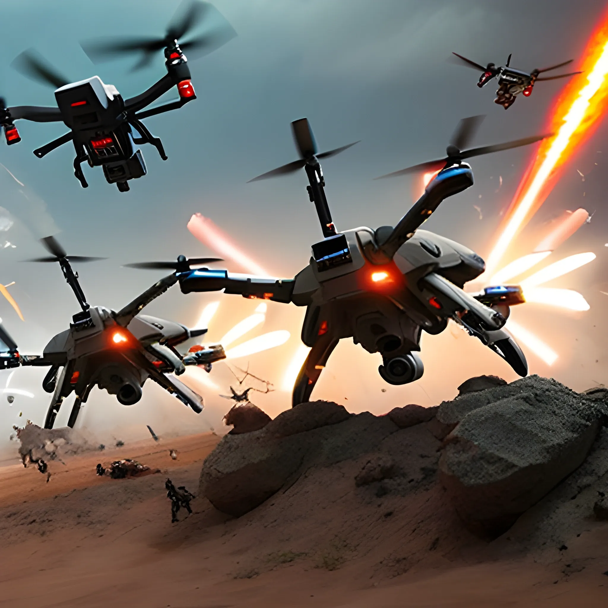 A battlefield with advanced autonomous drones and military robots in action. The drones are equipped with weaponry and are in mid-flight, while robots are engaging in combat. The scene is intense and realistic.