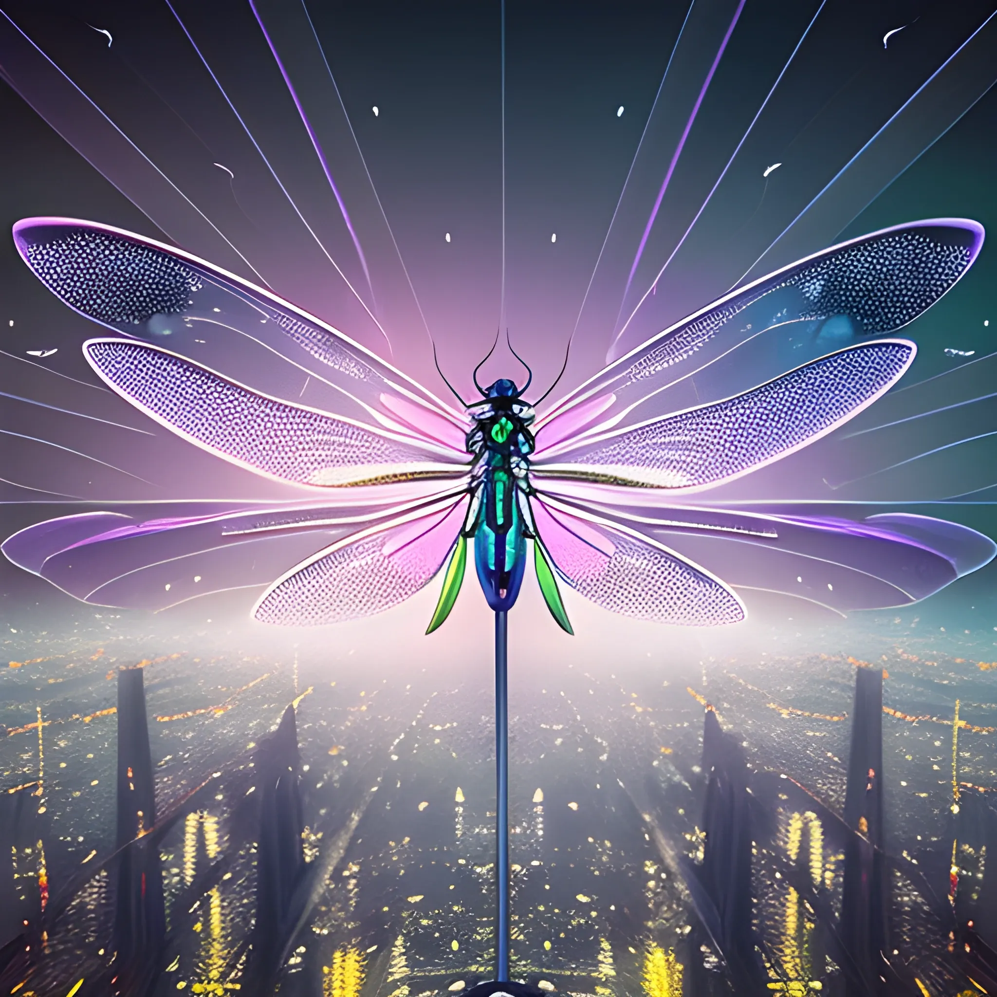 Fantasy on the theme of dreams, Transparent (Futuristic Flying Dragonfly) wings like helicopter propeller, below you can see the futuristic city, cyborg mech, ((light bokeh)), with a large eye, flowing pools raining down insignificant, pure perfection, divine presence, unforgettable, impressive, breathtaking beauty, Volumetric light, auras, rays, vivid colors reflects