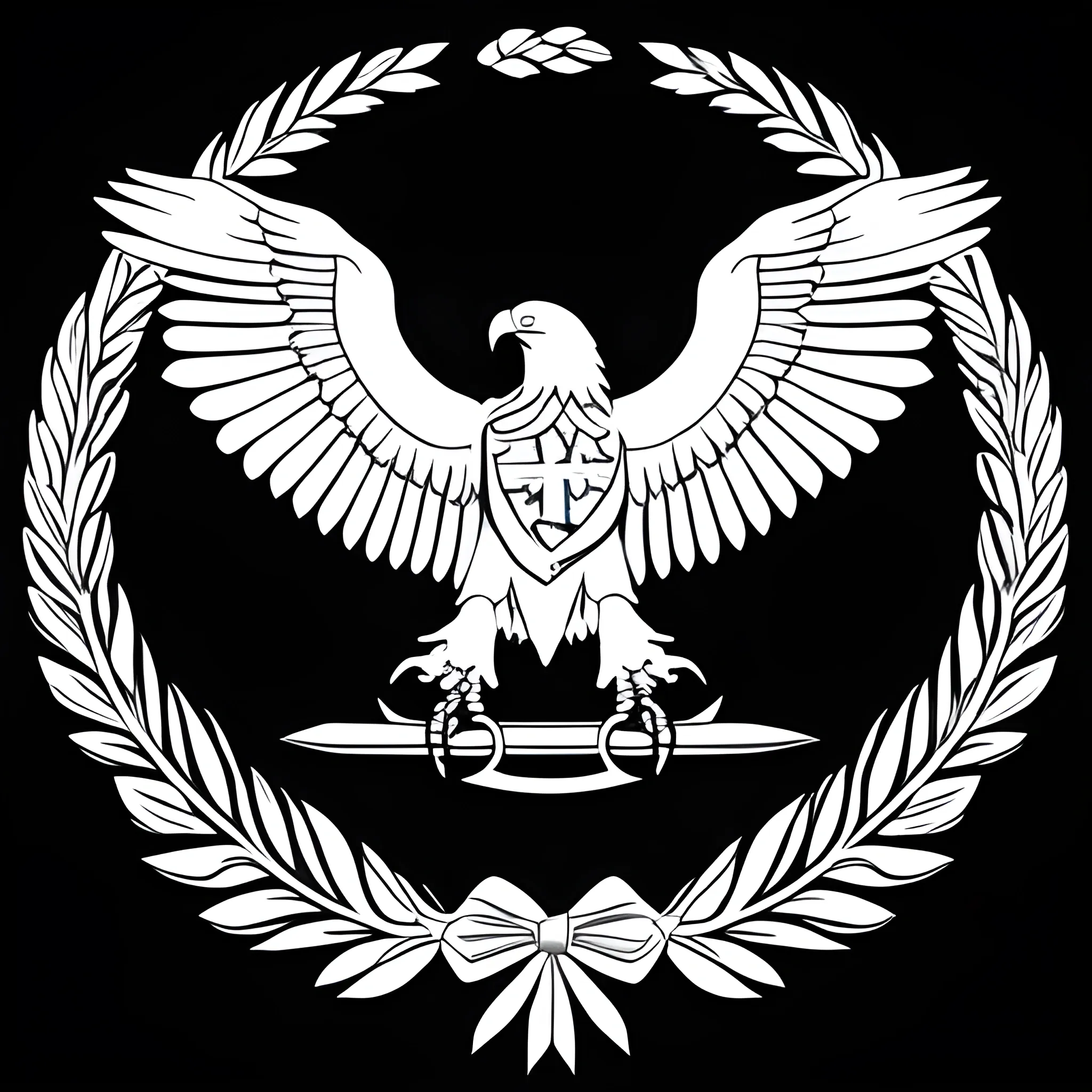 logo of a black and white eagle, with wings spread in different directions, holding a sword and a wreath