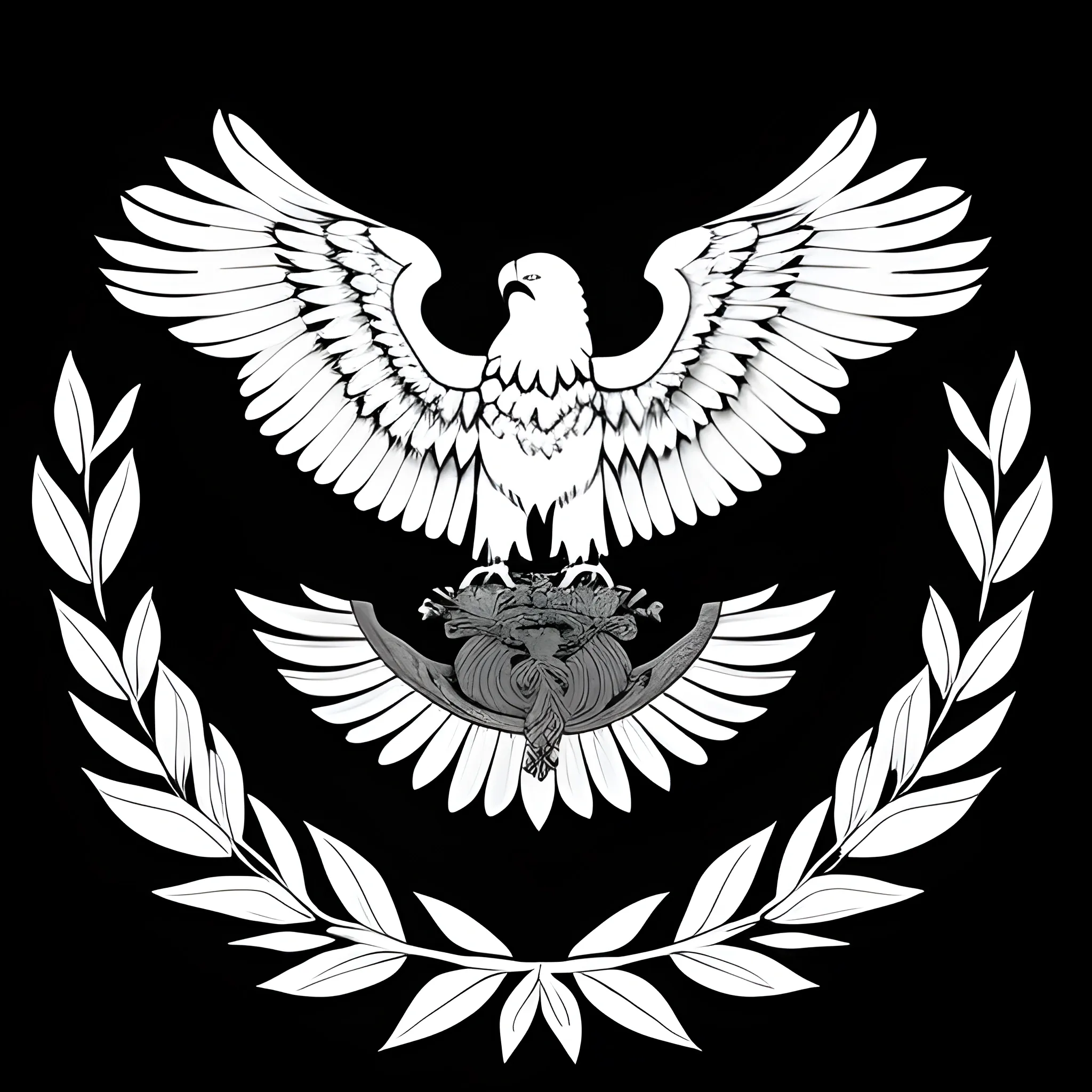 logo of a black and white eagle, with wings spread in different directions, holding a sword in its left paw and a wreath in the second paw.