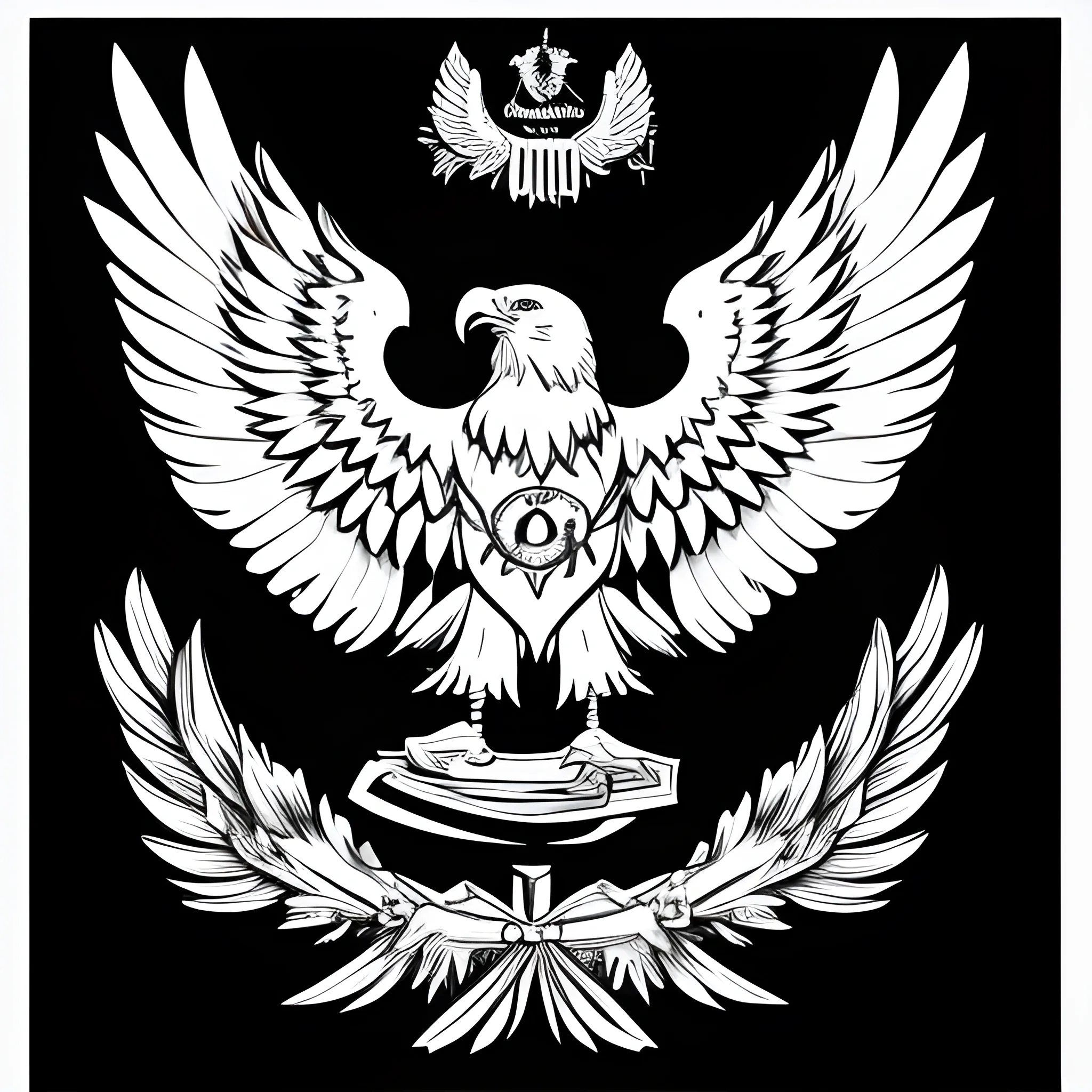 logo of a black and white eagle, with wings spread in different directions, holding a sword in its left paw and a wreath in the second paw.