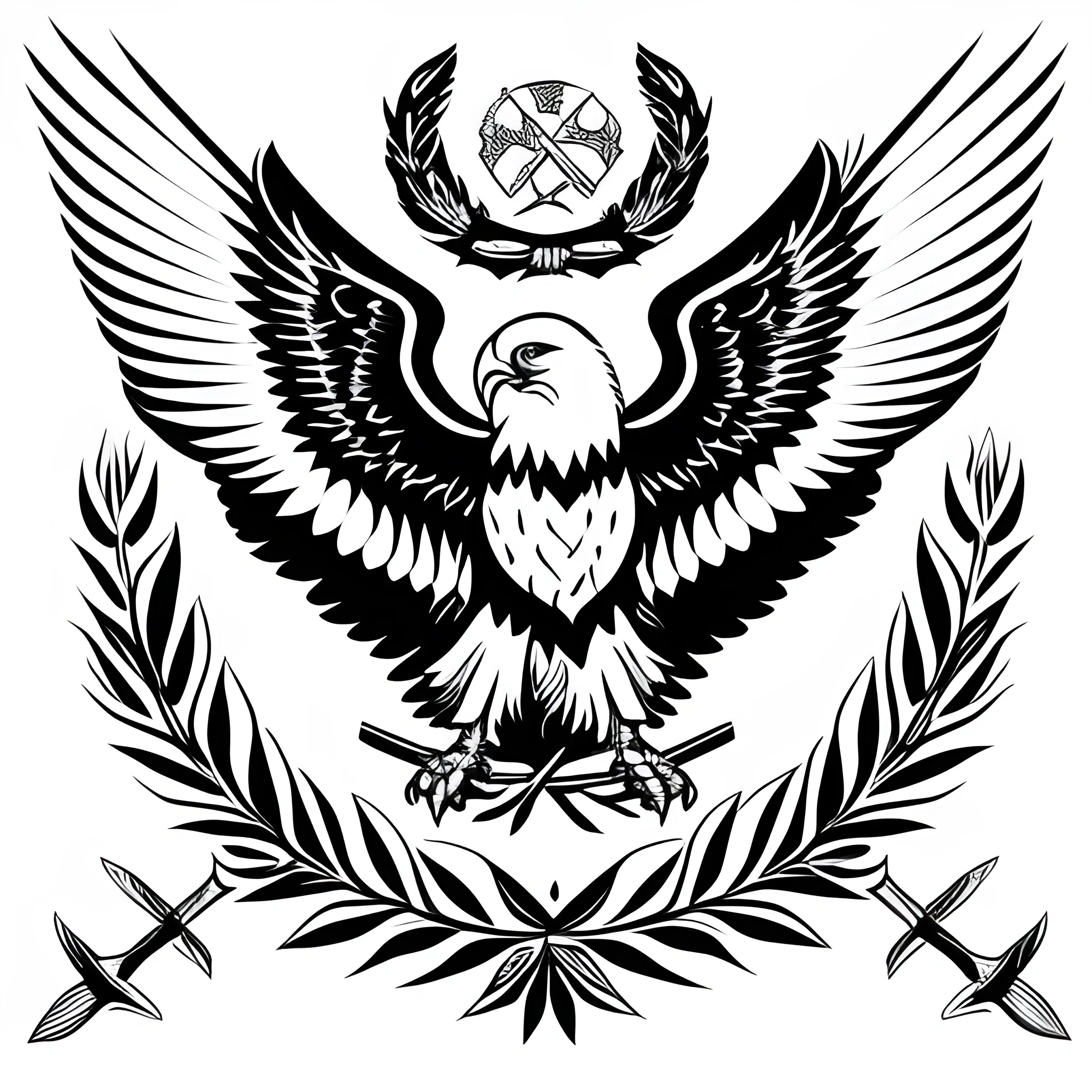 , Cartoon,logo of a black and white eagle, with wings spread in different directions, holding a sword in its left paw and a wreath in the second paw.