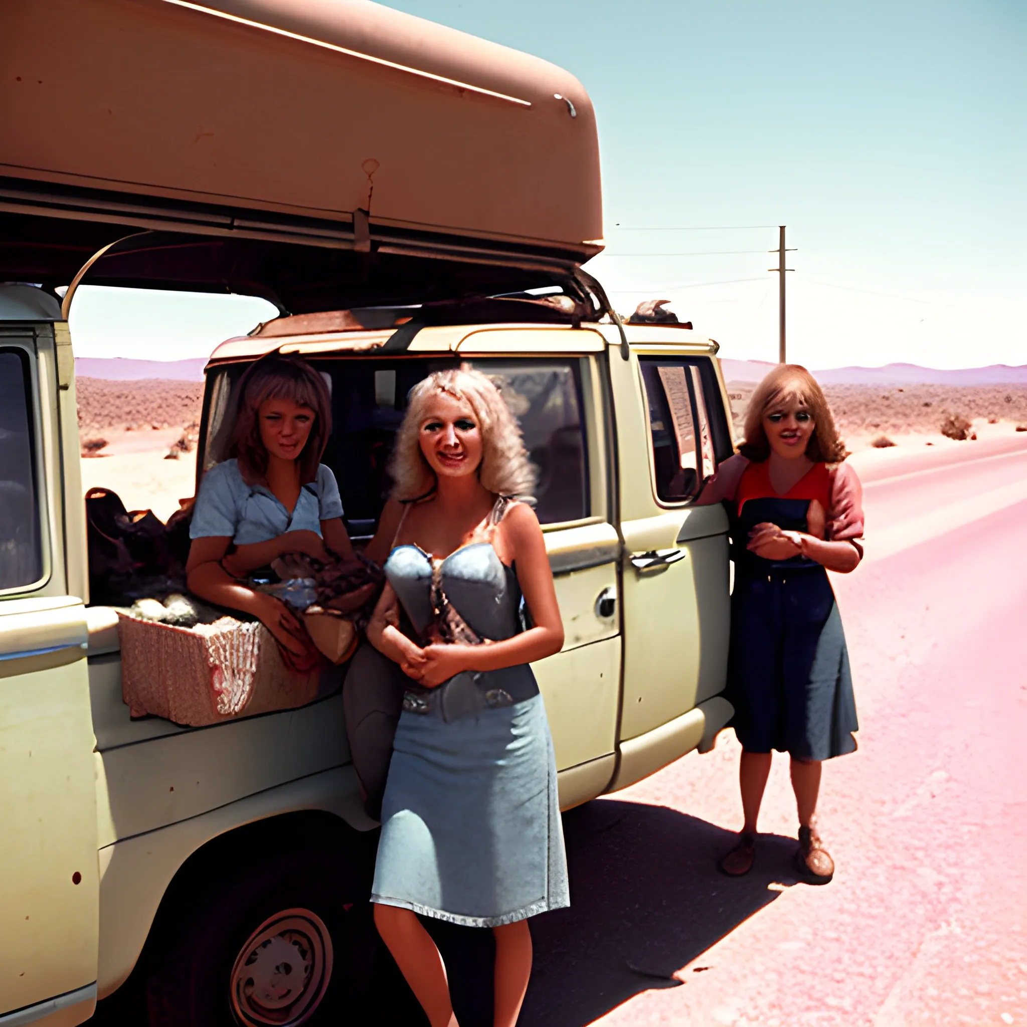 Beautiful female hitchhikers kidnapping a family inside an old van Steadicam, cinema verite, shock cinema 1970’s. A straight and narrow highway runs through a barren and rocky desert, with the blazing sun beating down mercilessly. They are all smiling and happy, with picnics, toys, and pets in tow. A fleet of powerful and rugged off-road van are lined up along the roadside,