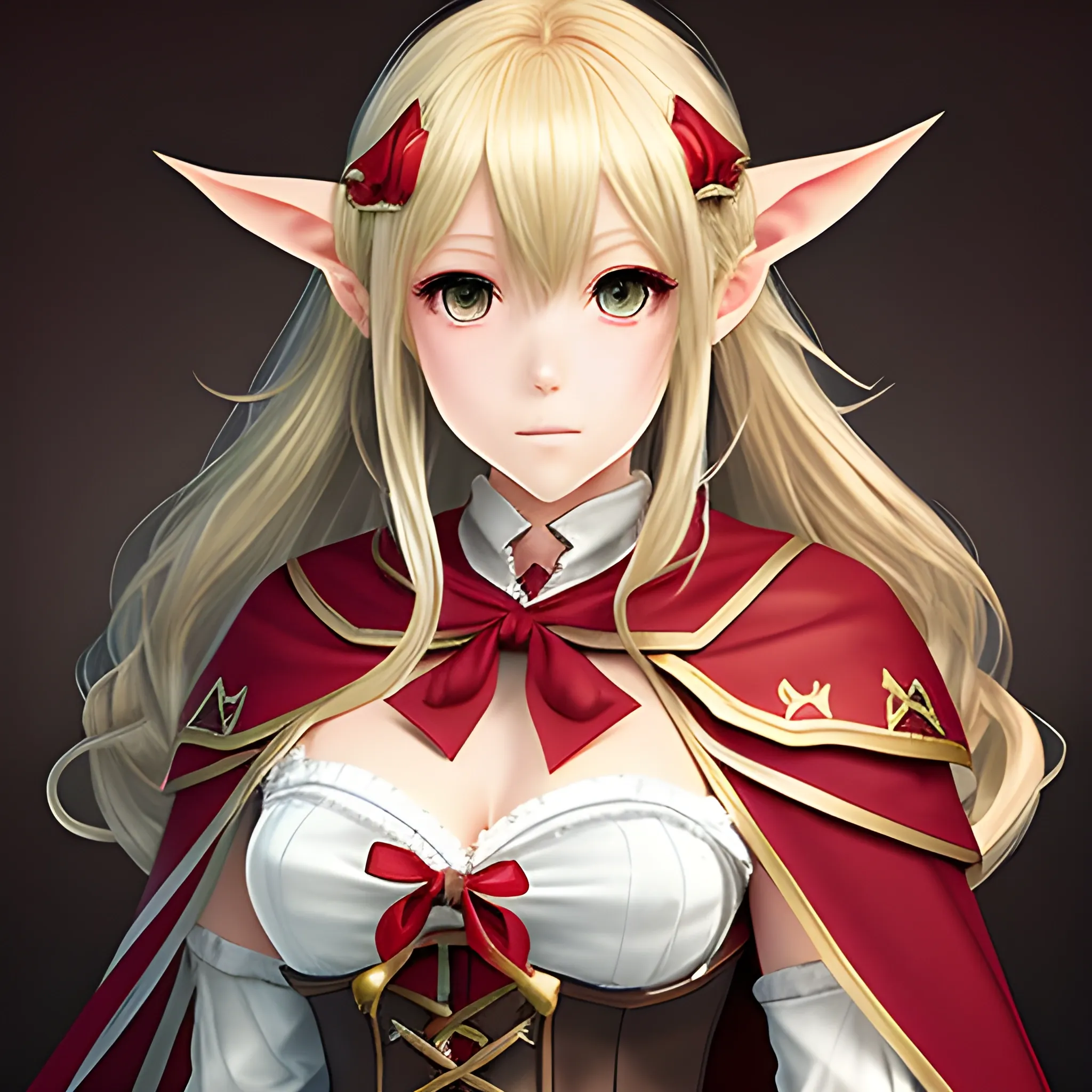 Arisa Forestcraft, Shadowverse, elf, blonde hair, red ribbon, cape, in mugshot art style, Nagasawa Rosetsu, fantasy, featured on pixiv, sots art, official art, concept art, d&d, 2d game art, 