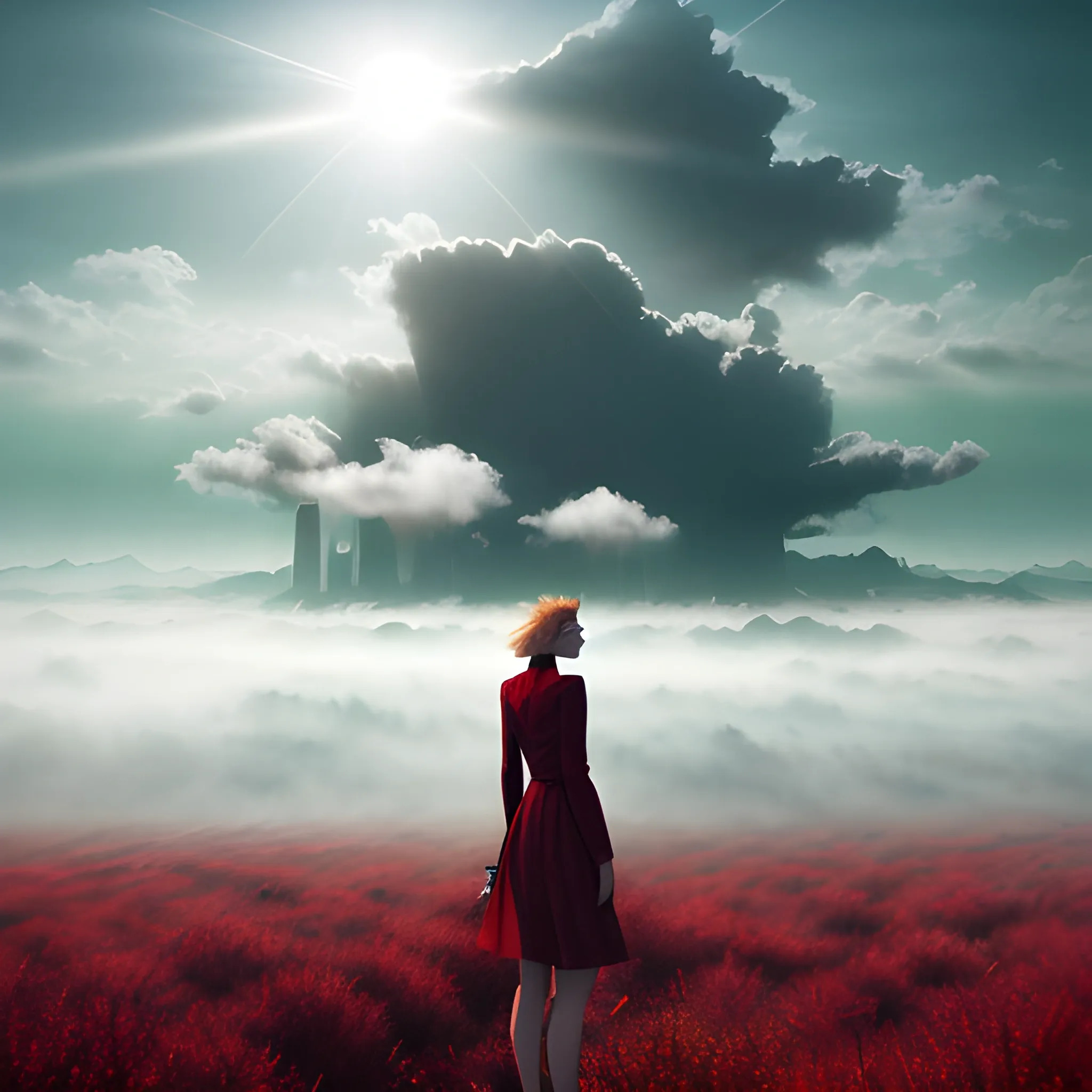 Light of the sun,Madder sky, Forests and Grasslands, A foggy cityscape seen in the distance，one very beautiful girl，Wearing red clothes,city: 0.33，Immerse yourself in a huge wind current，living in white clouds，Beyond the Clouds，(Double exposure: 1.5)，photo shoot：Brandon Wolfermist，Surreal dreams，Ethereal atmosphere, a sunny day，Contour，Global Illumination，RGB Color，Colorful paintings，High Sharpness，8K，Ghibli Color，