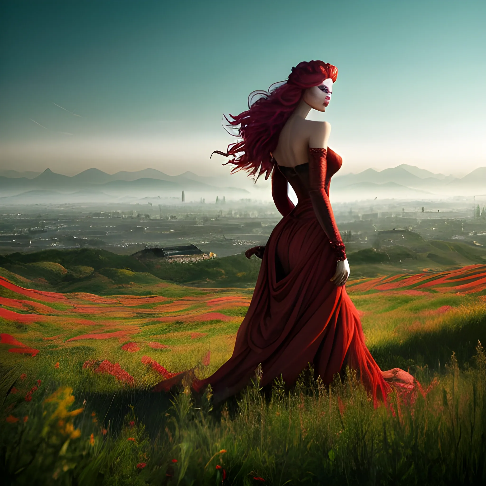 Light of the sun, Madder sky, Forests and Grasslands, A foggy cityscape seen in the distance, one very beautiful girl, Wearing red clothes,city: 0.33, Laurel & Hardy at Camp site, jungle road trip. parked open Steampunk Jeep with futuristic elements, (Double exposure: 1.5), photo shoot：Brandon Wolfermist, Surreal dreams, Ethereal atmosphere, a sunny day，Contour, Global Illumination, RGB Color, Colorful paintings, High Sharpness, 8K,, Ghibli Color