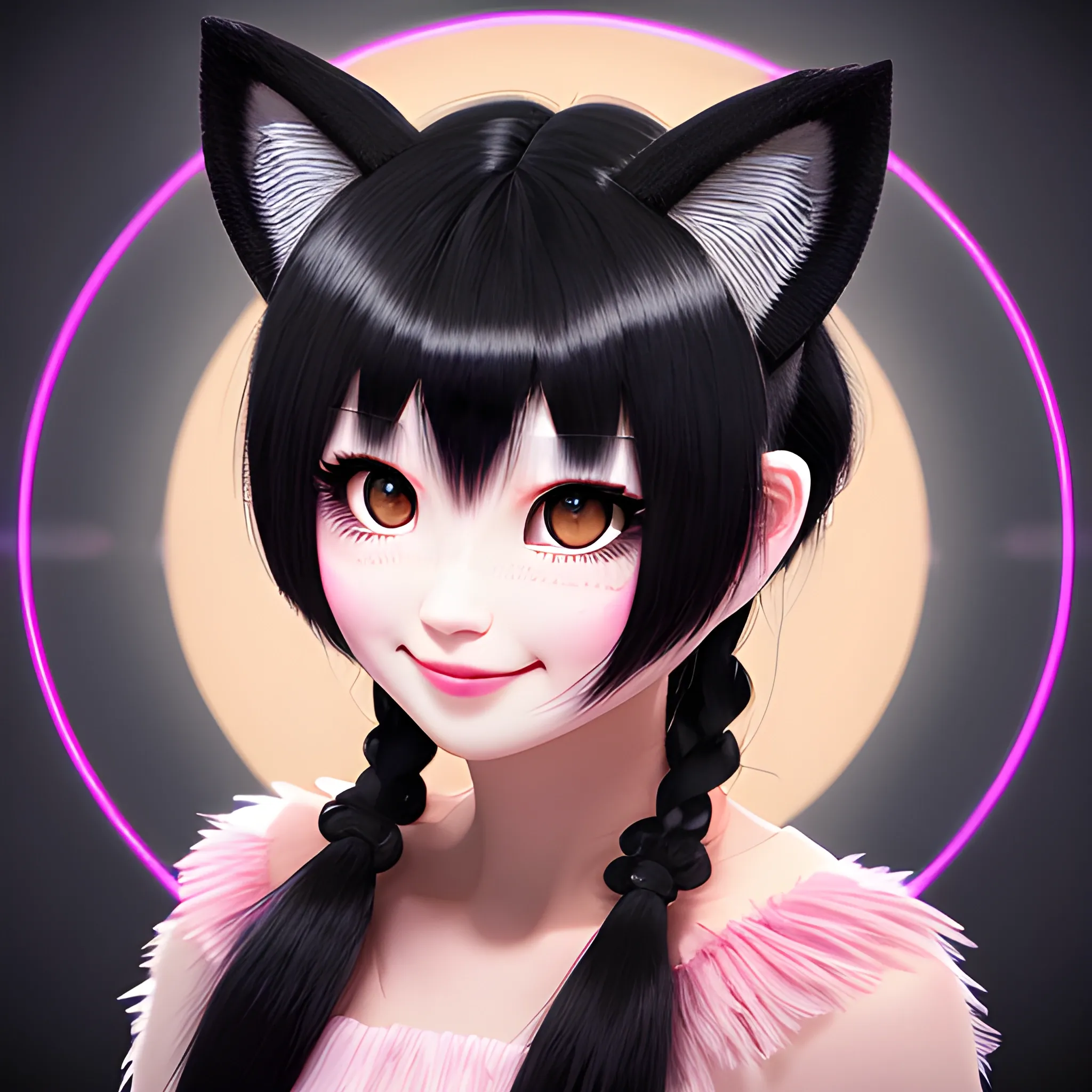 black hair, hair bobbles, wince, longeyelashes, solid circle eyes, fake animal ears, light smile, ear blush, fang, Surrealism, drop shadow, anaglyph, stereogram, tachi-e, pov, atmospheric perspective, 8k, super detail, ccurate, best quality