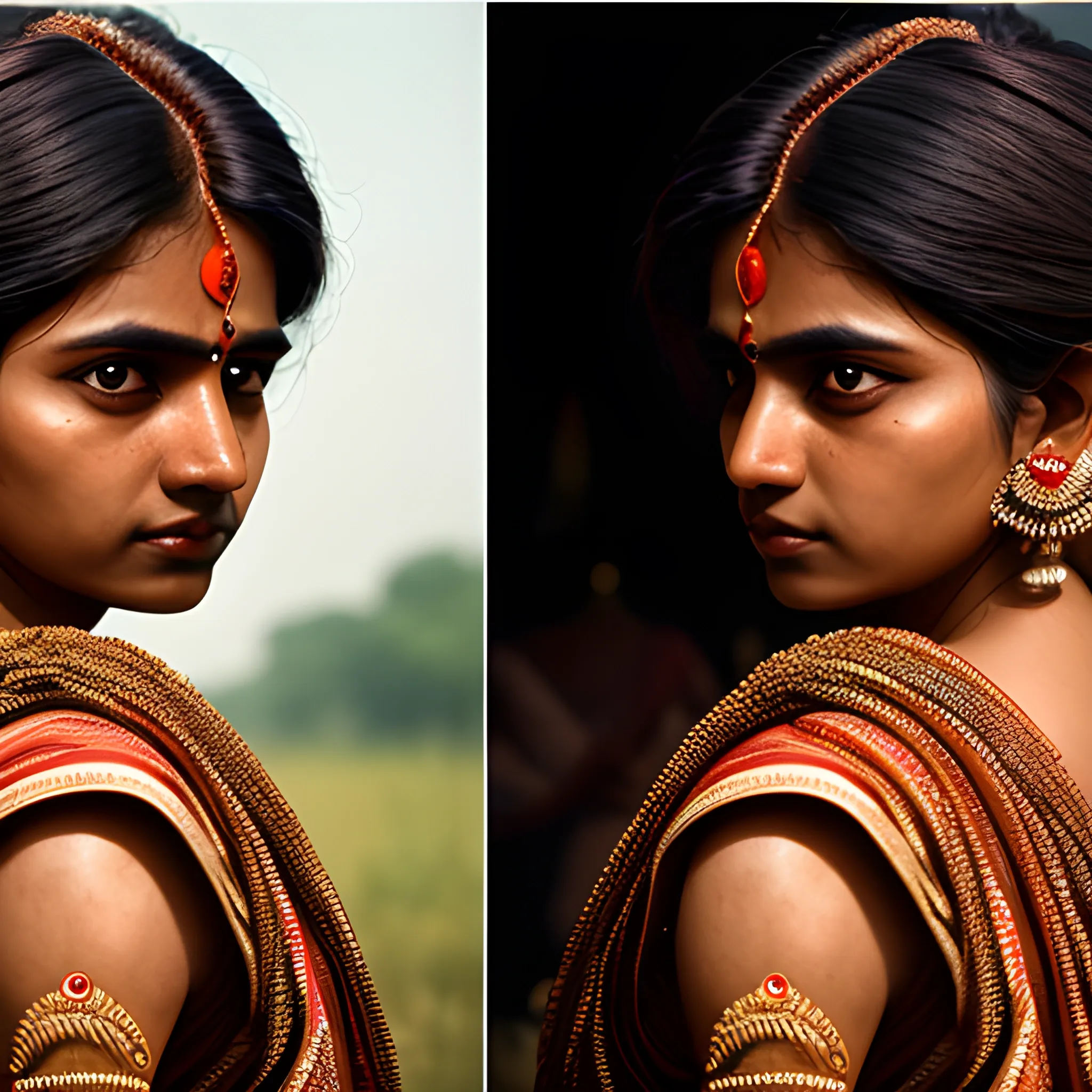 Indian Women, hair over shoulder, cinematic lighting, multiple views, Ultra-Wide Angle, 85mm, Sony FE GM, textured skin