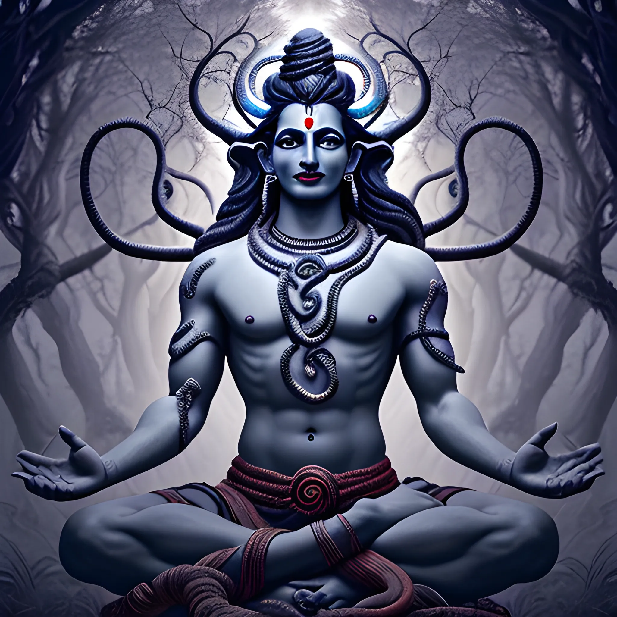 Lord Shiva in Rudra avatar, centerpiece of an ancient forest, trees contorting from strength, skirted by kinetic lines of divine energy, serpent coiled around neck, garments swirl with supernatural swiftness, cosmic energy imbued facial expression, tangled bushes at base, eyes sharp as drawn arrows, filtered light through the leafy ceiling casting dramatic shadows, digital painting, hyper-realistic, dramatic lighting, ultra hd,