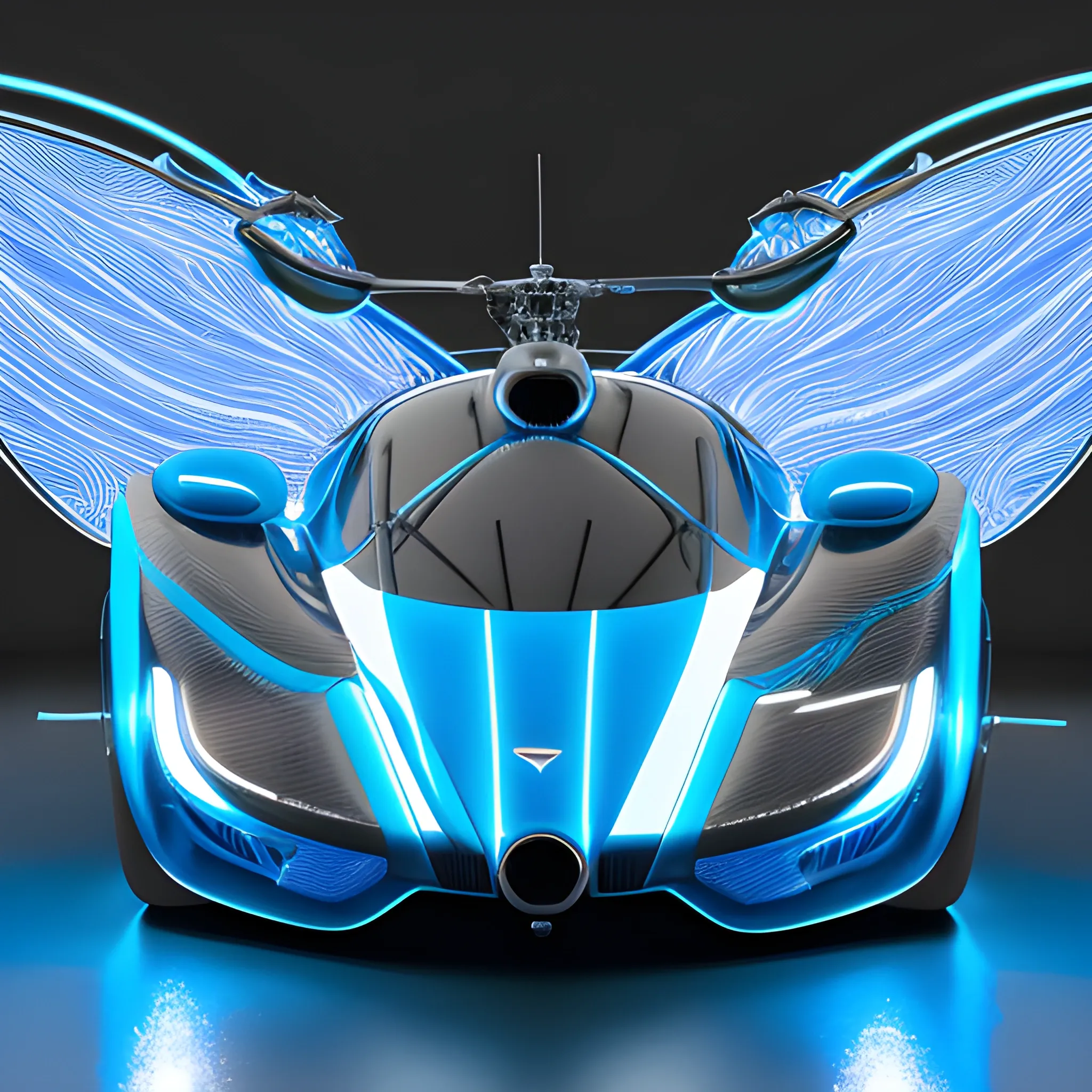 helicopter with an aerodynamic design, featuring swirling LED lights and a metallic blue exterior. Elegant curves and fluid lines. high resolution, photorealistic product photography, highly detailed, volumetric lighting, providing a full view of the vehicle, innovative LED lighting integrated into the helicopter's structure 