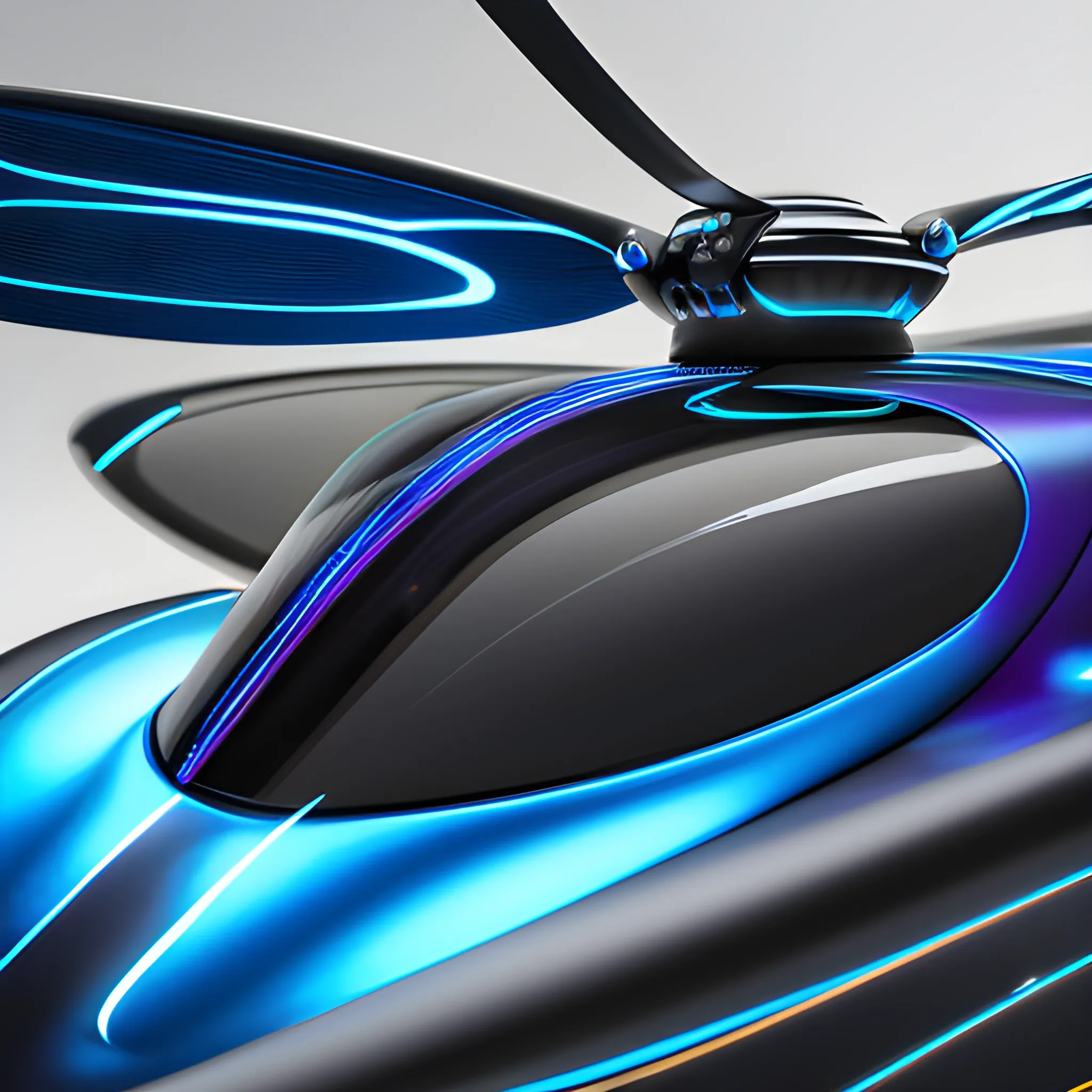 Dragonfly with an aerodynamic design, featuring swirling LED lights and a metallic blue exterior. Elegant curves and fluid lines. high resolution, photorealistic product photography, highly detailed, volumetric lighting, providing a full view of the vehicle, innovative LED lighting integrated into the helicopter's structure 