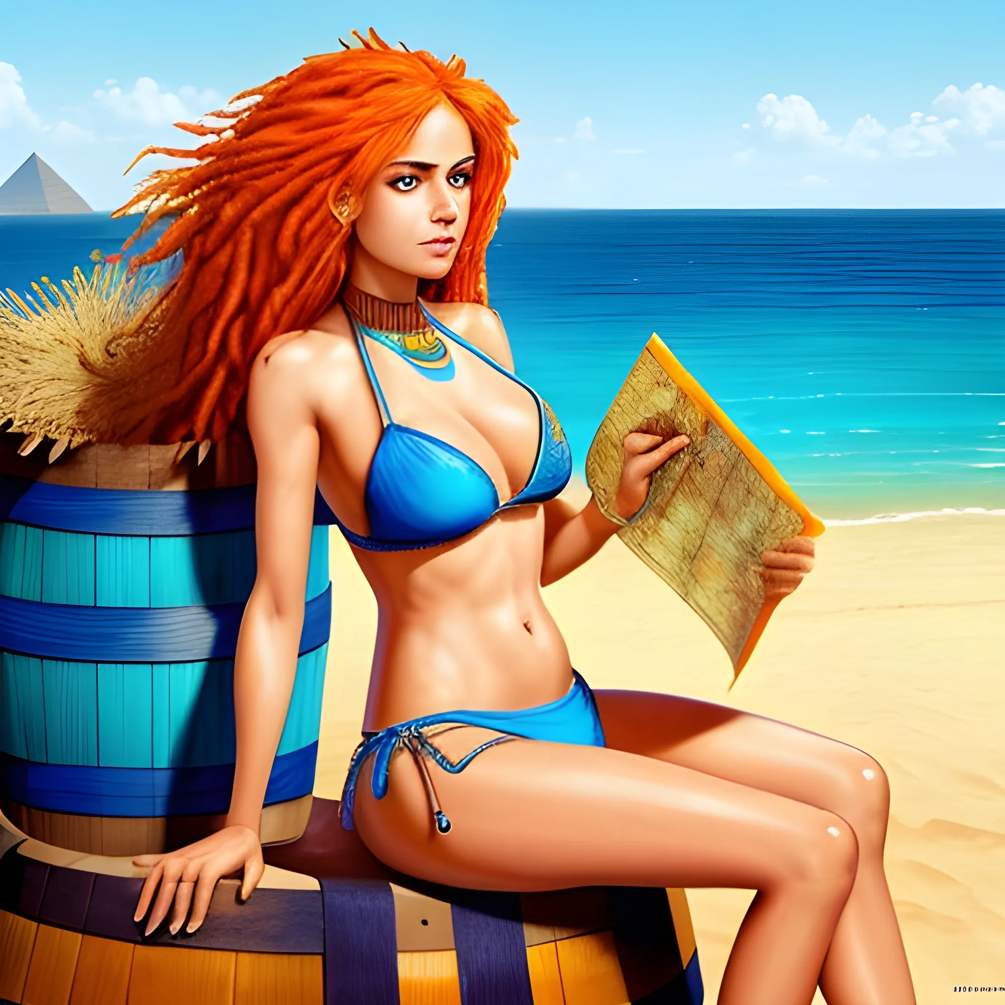 Create a scene featuring egyptian artist, sitting on a barrel with her legs crossed, holding a map. Highlight her blue bikini top, cleavage, jeans, and long orange hair, with the ocean in the background. very detailed and high-definition. (best quality, masterpiece, colorful, dynamic angle, highest detailed, highest textures)