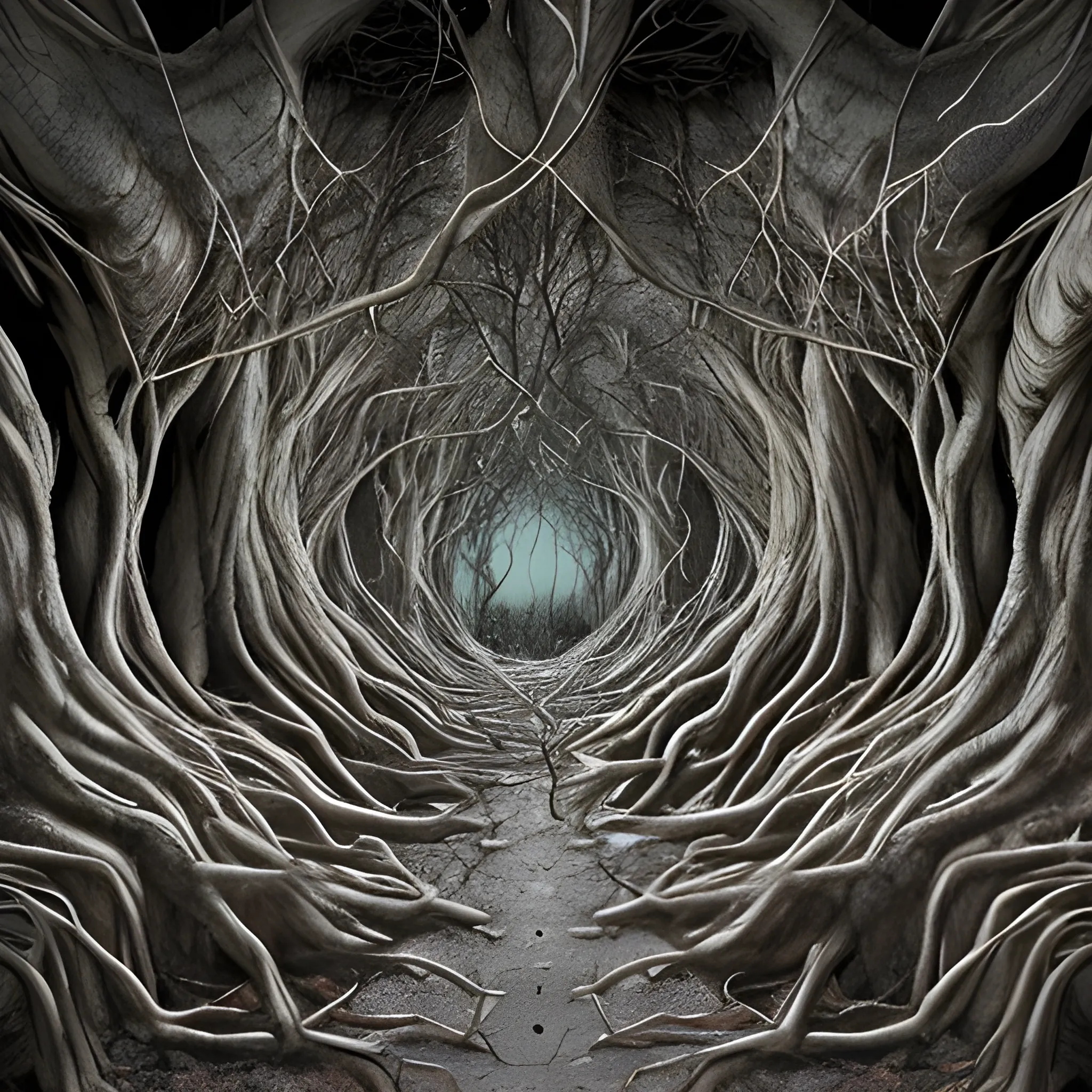 The cracks between the roots, where the earth breathes. A few kilometers down, and the silence turns into the echo of labored breathing. Eyes grow on the walls there. Stalagmites like black teeth grin at you before you are swallowed, Trippy