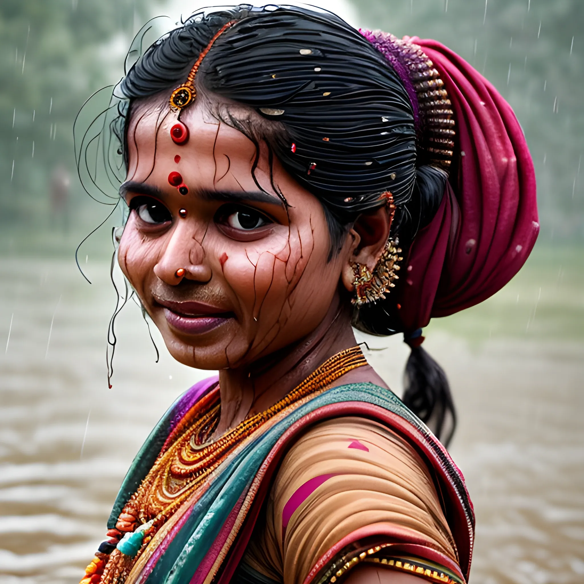 A beautiful Indian village women dancing in heavy rain, face and body are wet, messy bun hair  32k UHD, highly details, Trippy