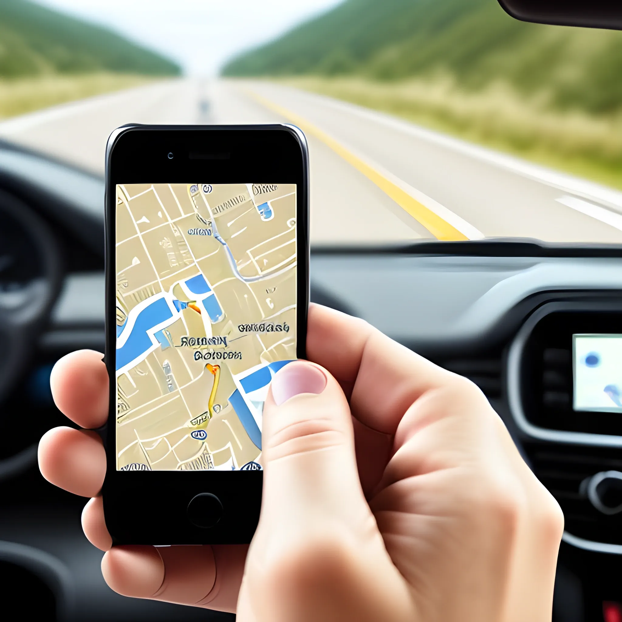 A close-up of a hand holding a mobile phone displaying a location map, with a blurred car interior background, during a road trip navigation, Trippy