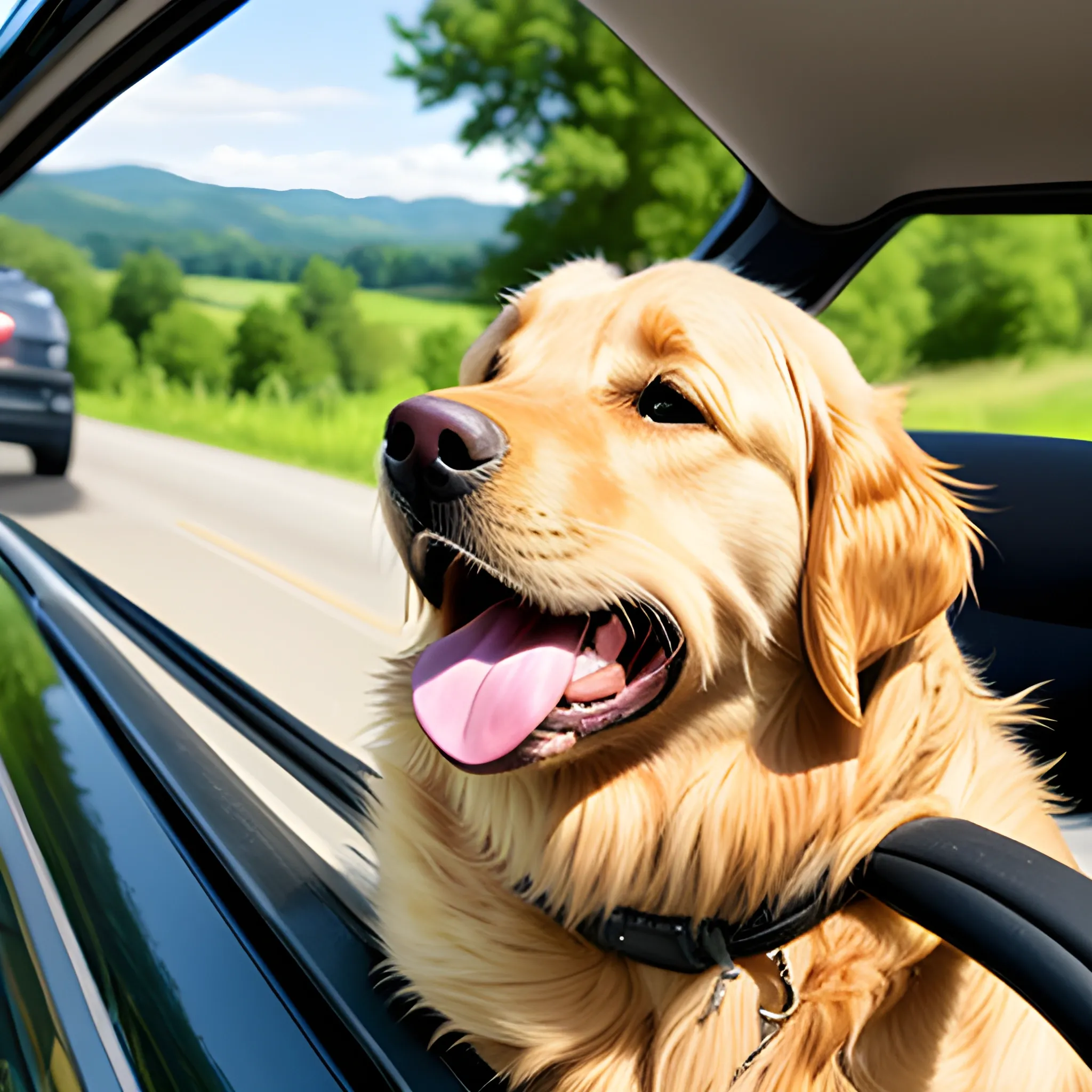 Joyful golden retriever sticks head out of car window, tongue flapping, feeling carefree on a sunny countryside road trip, warm breeze blowing through fur.