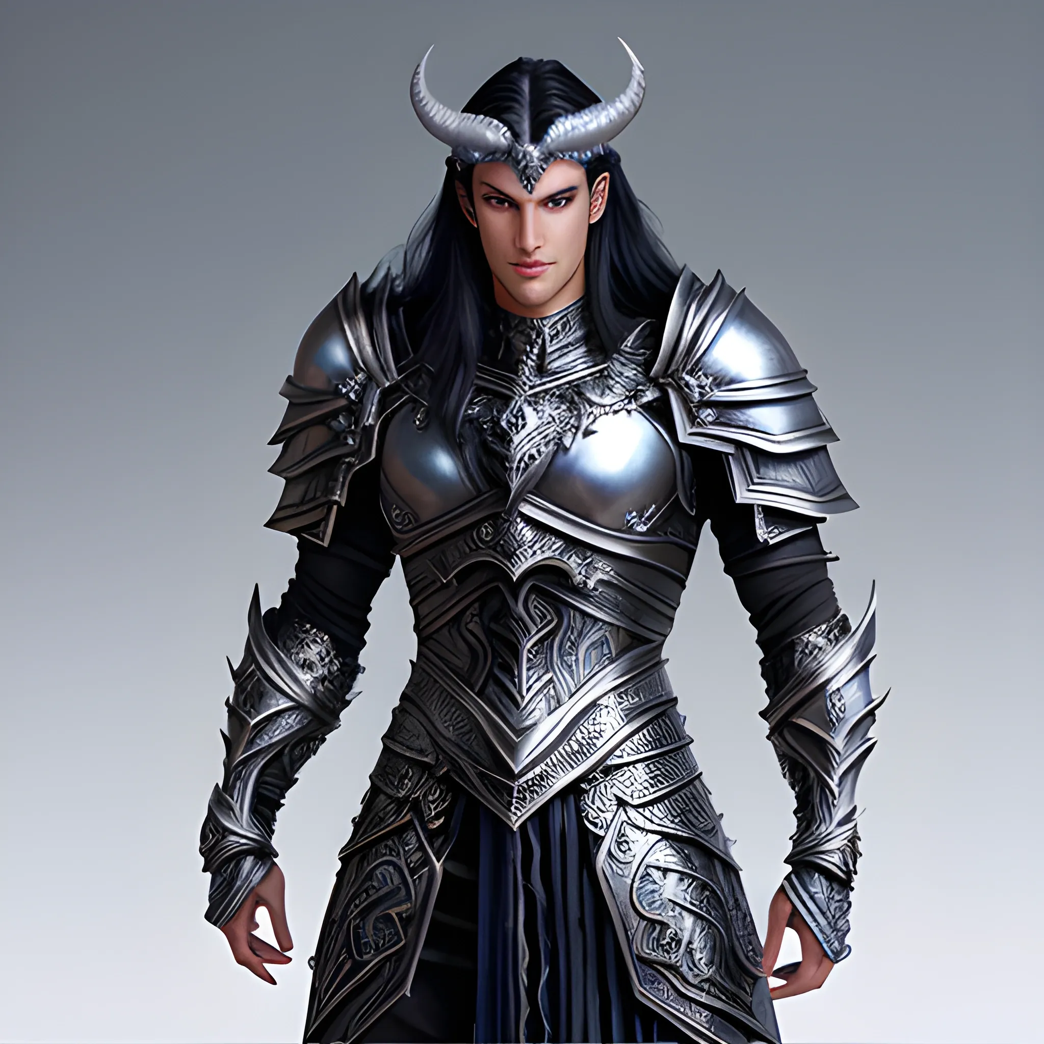 fantasy, paladin, warrior, metal skin, male, long black hair, icy eyes, blue eyes, intricate light silver armor, smiling, hyper realistic, 3D, dungeons and dragons, elegant, mysterious, strong, armed, black hair, Oil Painting, filigree skin, silver skin, silver flame necklace, grey skin, iron skin, platinum skin, human ears, small horns, Oil Painting

