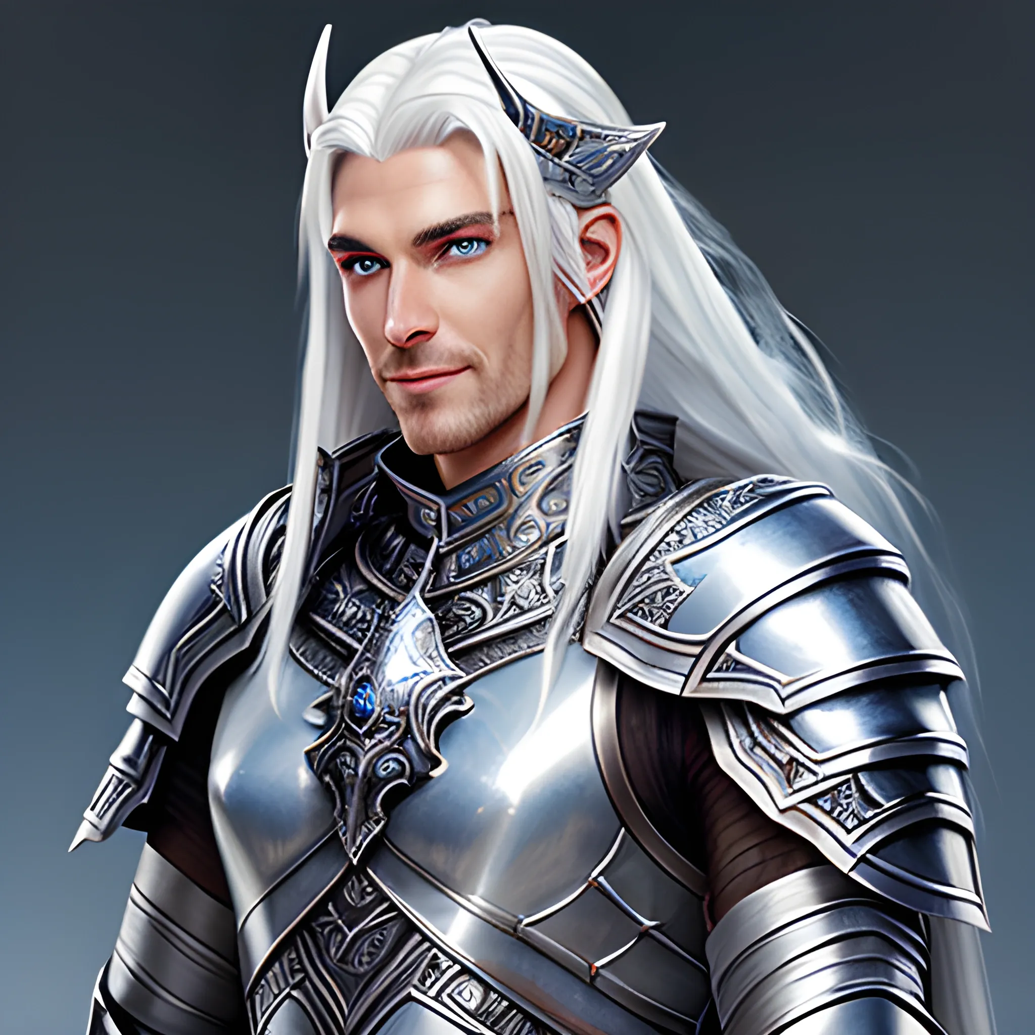 fantasy, paladin, warrior, metal skin, male, long white hair, blue eyes, intricate light silver armor, smiling, hyper realistic, 3D, dungeons and dragons, elegant, mysterious, strong, armed, white hair, Oil Painting, filigree skin, silver skin, silver flame necklace, grey skin, iron skin, platinum skin, human ears, small horns, Oil Painting

