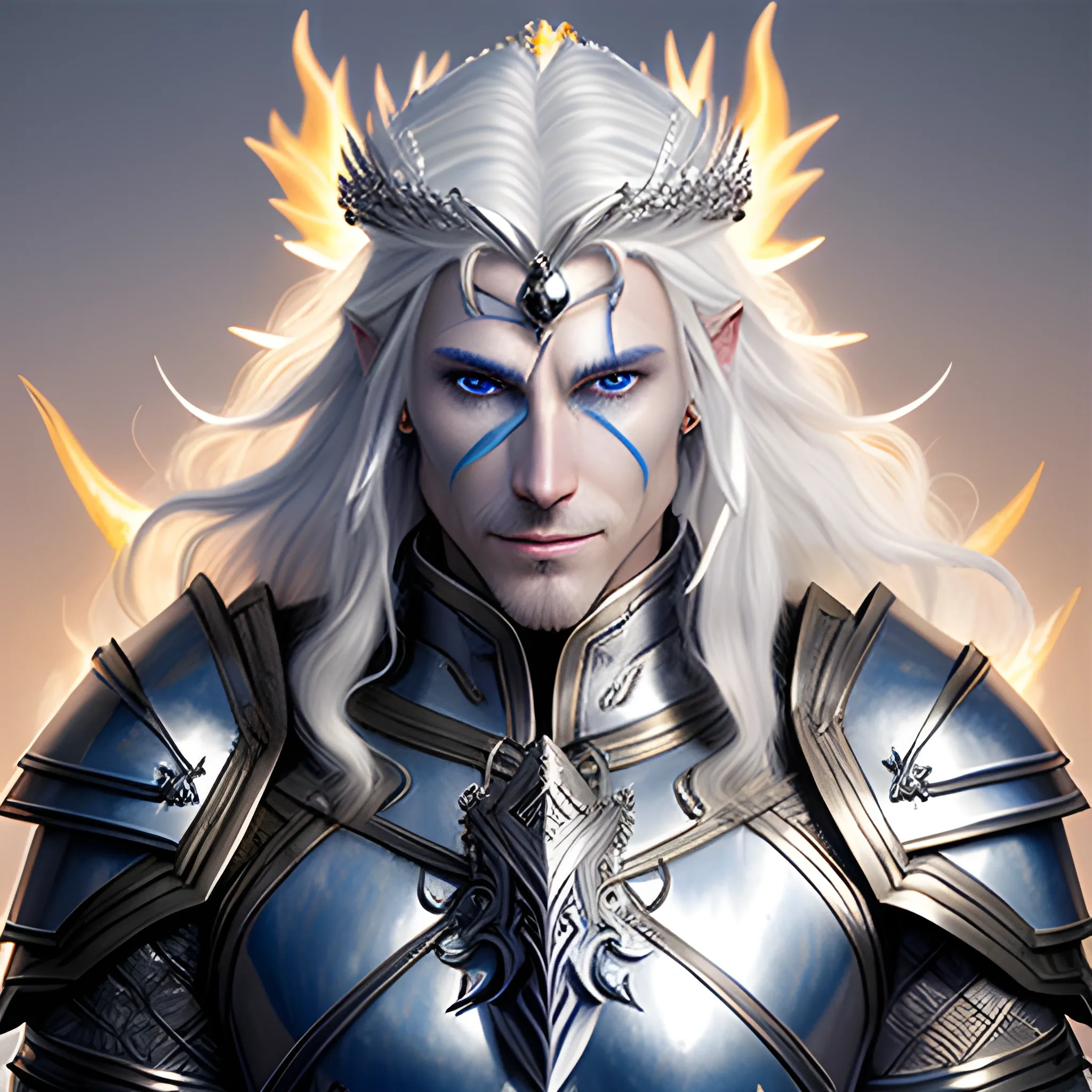 fantasy, paladin, warrior, metal skin, male, long white hair, blue eyes, intricate light silver armor, smiling, hyper realistic, 3D, dungeons and dragons, elegant, mysterious, strong, armed, white hair, Oil Painting, filigree skin, silver skin, silver flame necklace, grey skin, iron skin, platinum skin, human ears, small crown, Oil Painting

