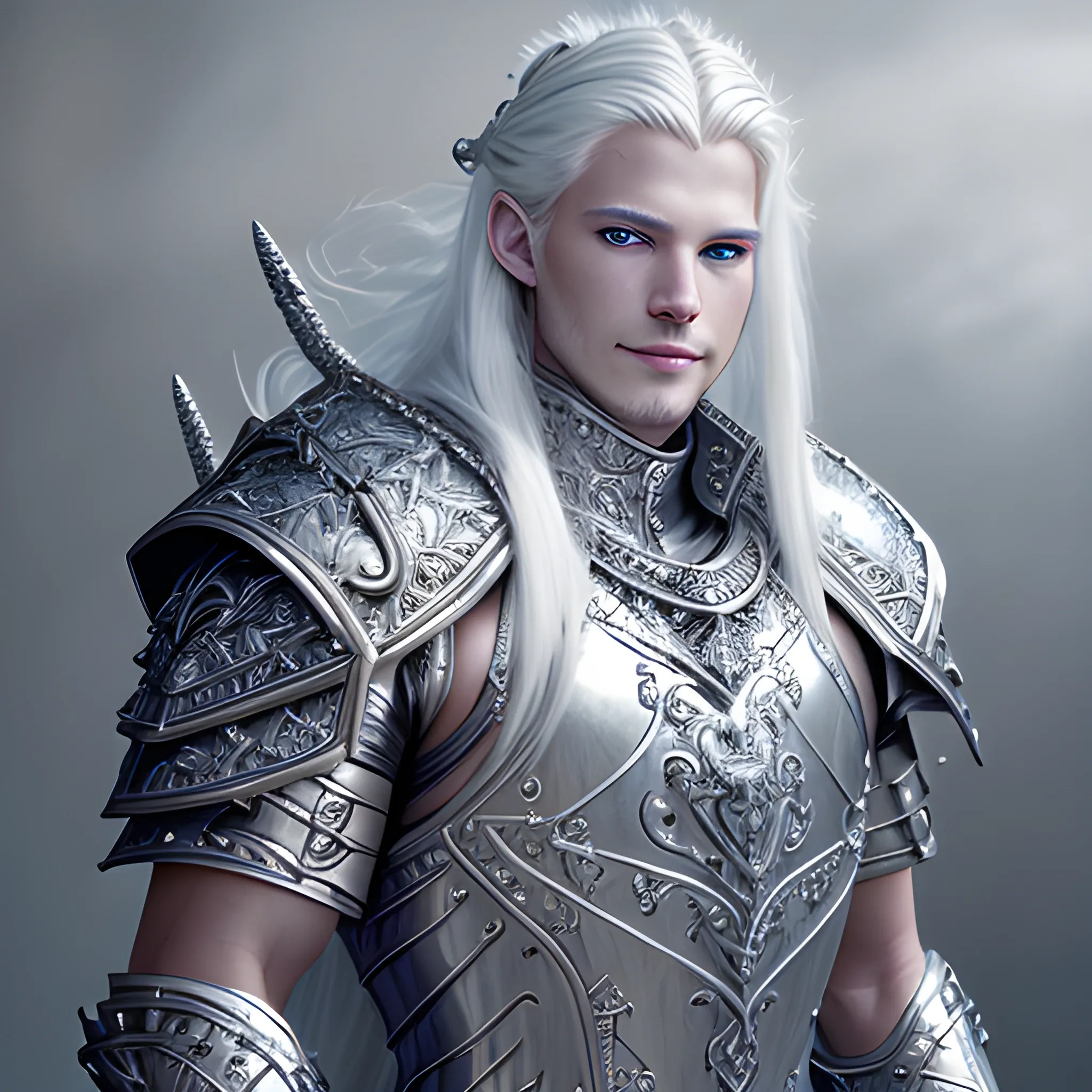 fantasy, paladin, warrior, metal skin, male, long white hair, blue eyes, intricate light silver armor, smiling, hyper realistic, 3D, dungeons and dragons, elegant, mysterious, strong, armed, white hair, Oil Painting, filigree skin, silver skin, grey skin, iron skin, platinum skin, human ears,  crown, riding a dragon