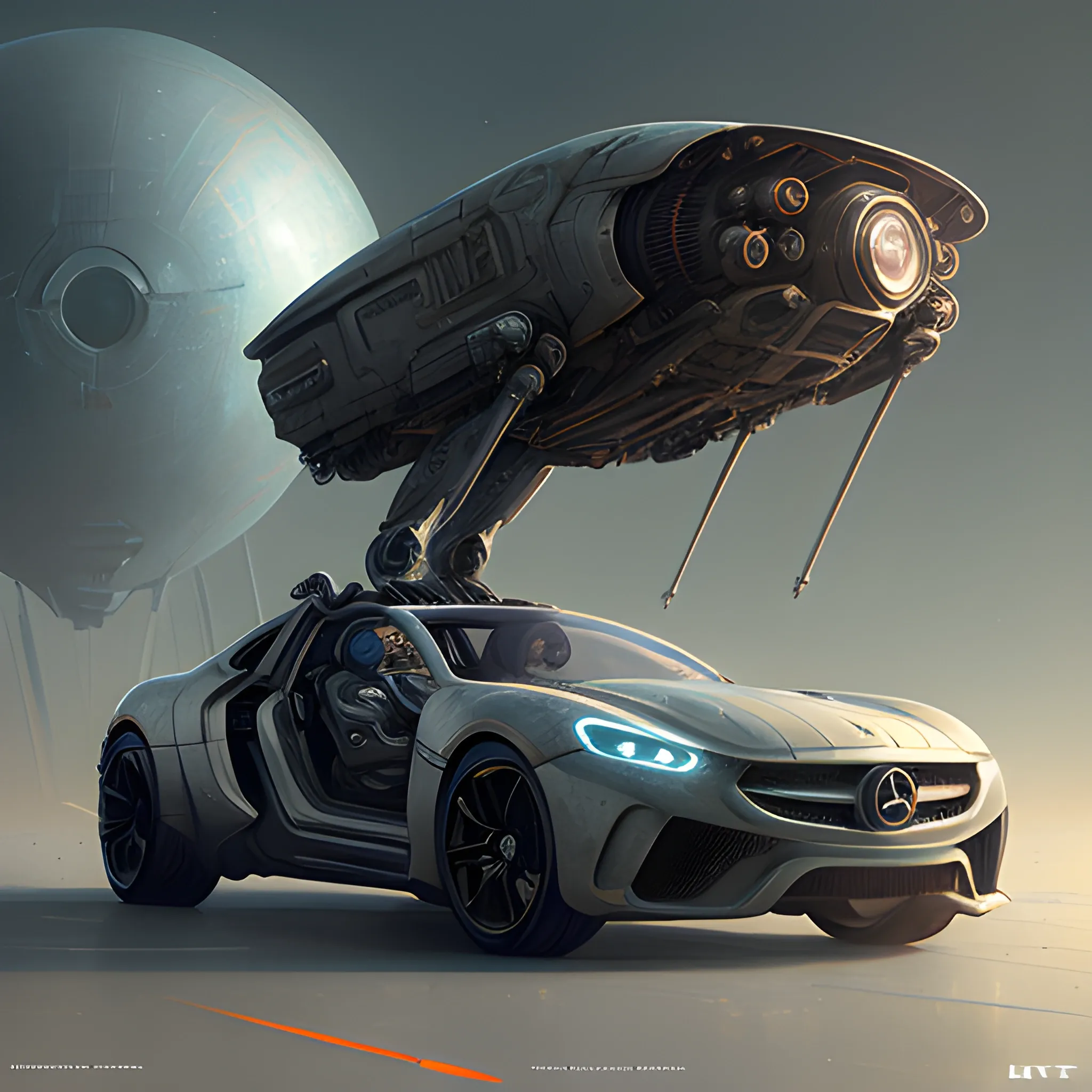 female robot pilot, on art, 8 k highly detailed, Unreal Engine, featured on deviantart, by greg rutkowski and thomas kinkade, elden ring concept art, in the style of wlop, by beksinski, a futuristic mercedes super car, magical world, HDR, 4 k 6 0 fps