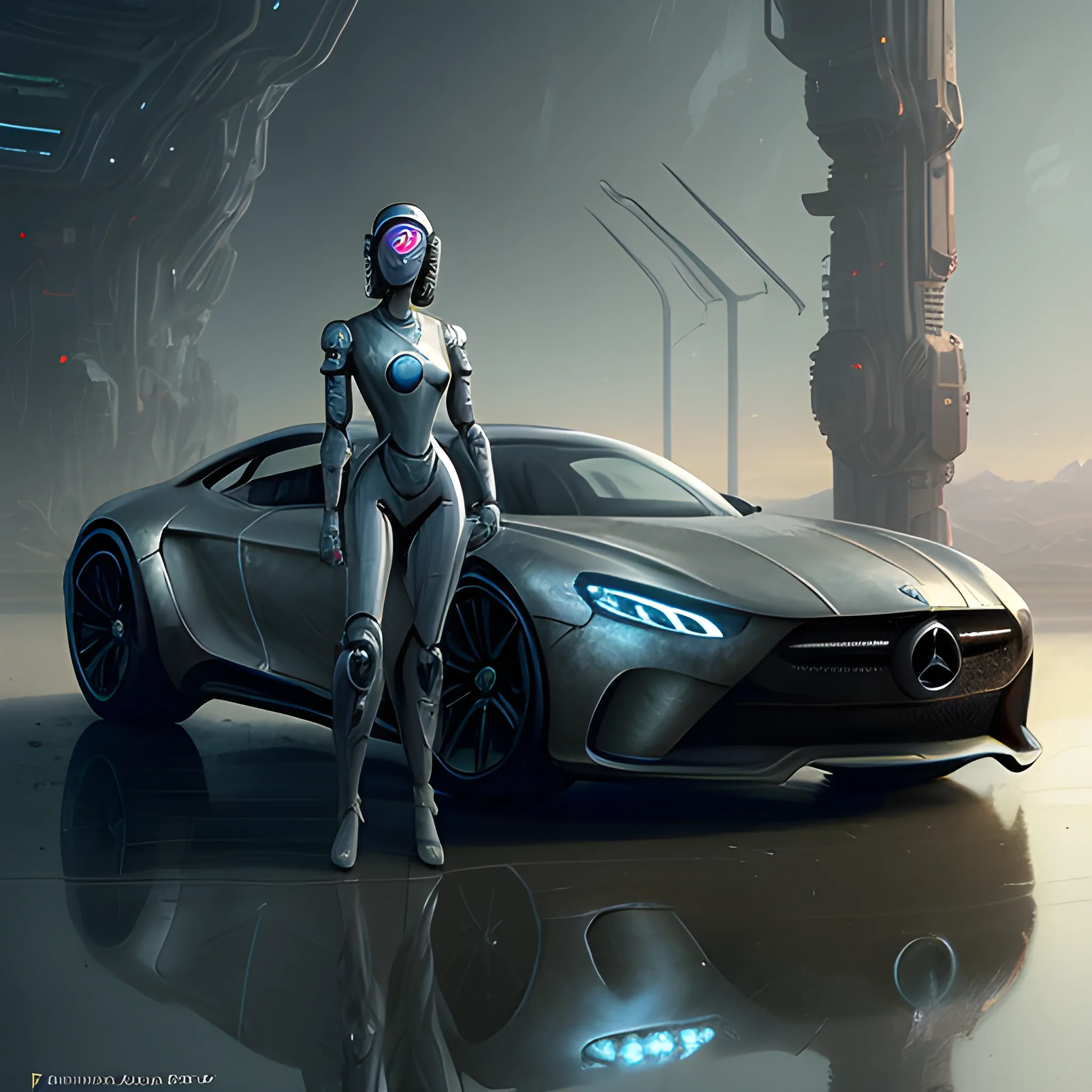 female robot pilot, on art, 8 k highly detailed, Unreal Engine, featured on deviantart, by greg rutkowski and thomas kinkade, elden ring concept art, in the style of wlop, by beksinski, a futuristic mercedes super car, magical world, HDR, 4 k 6 0 fps