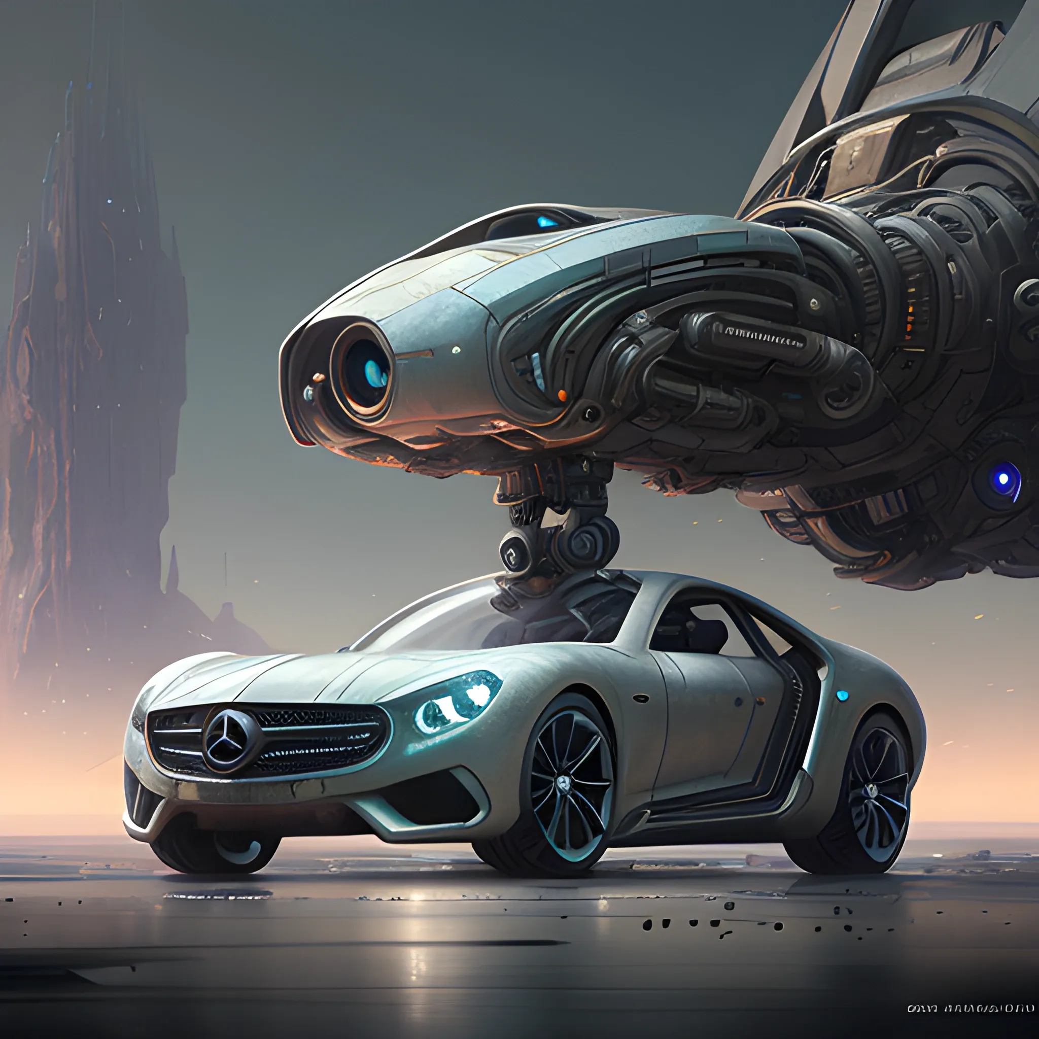 female robot pilot, on art, 8 k highly detailed, Unreal Engine, featured on deviantart, by greg rutkowski and thomas kinkade, elden ring concept art, in the style of wlop, by beksinski, a futuristic mercedes super car, magical world, HDR, 4 k 6 0 fps