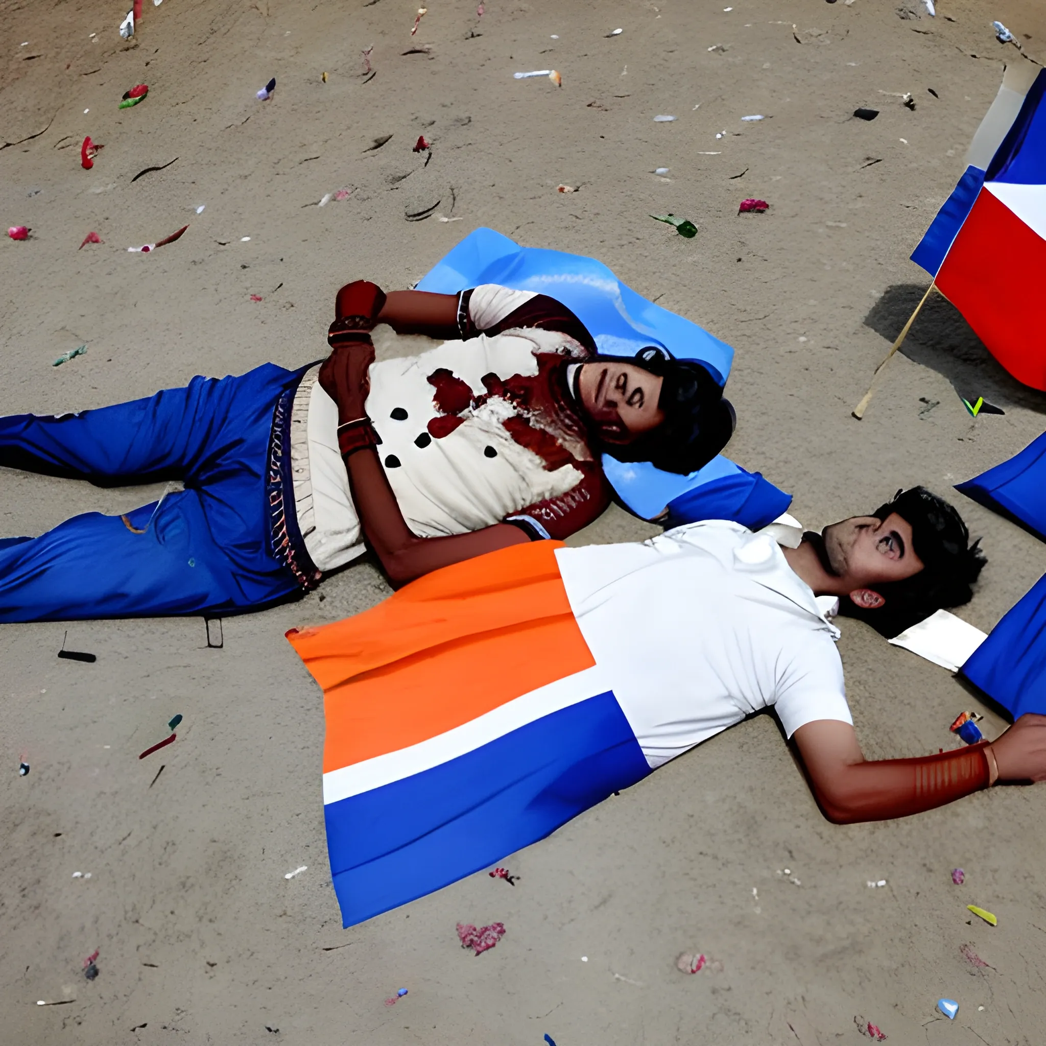 injured indian people laid on ground with holding flag with sky view