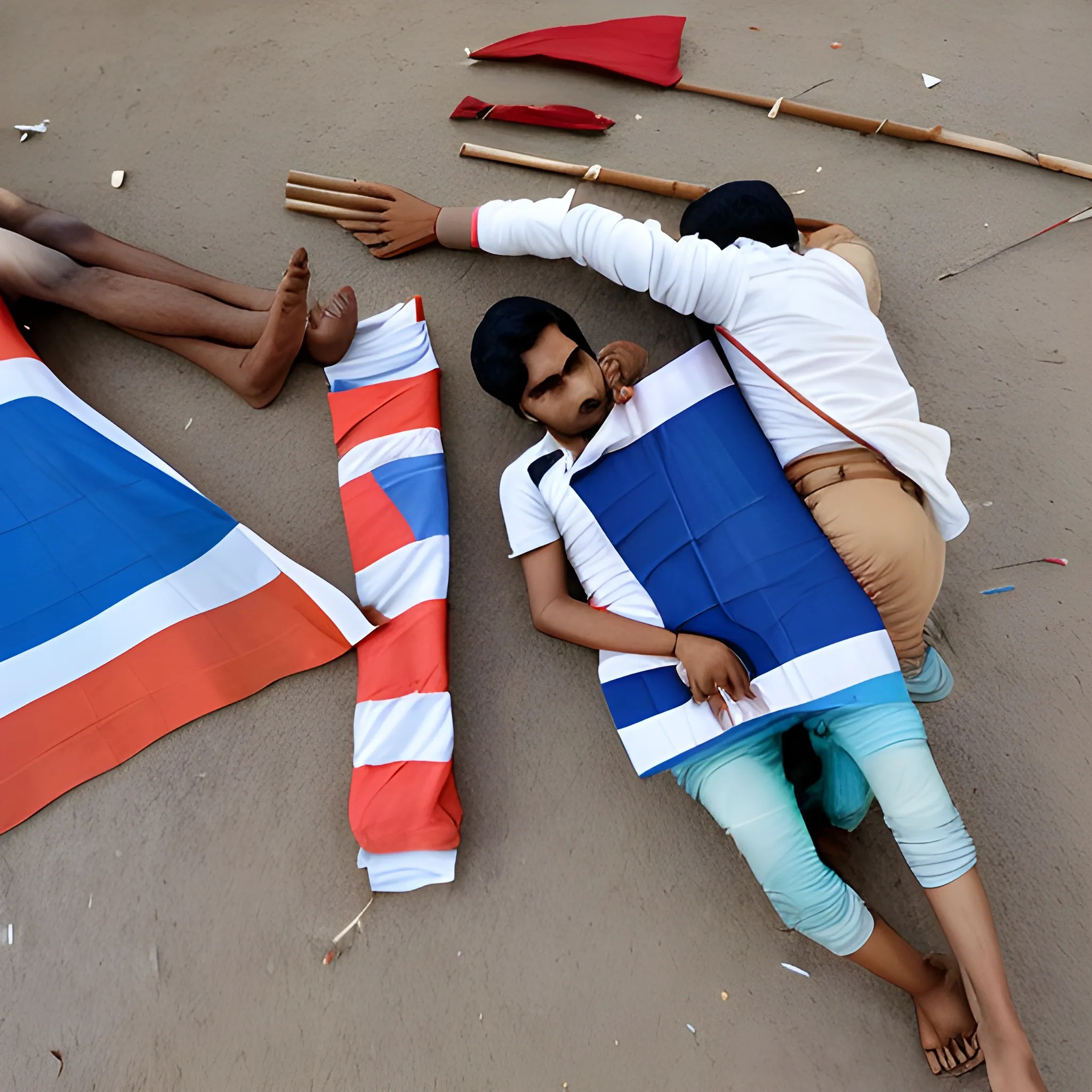 injured indian people laid on ground with holding flag with sky view