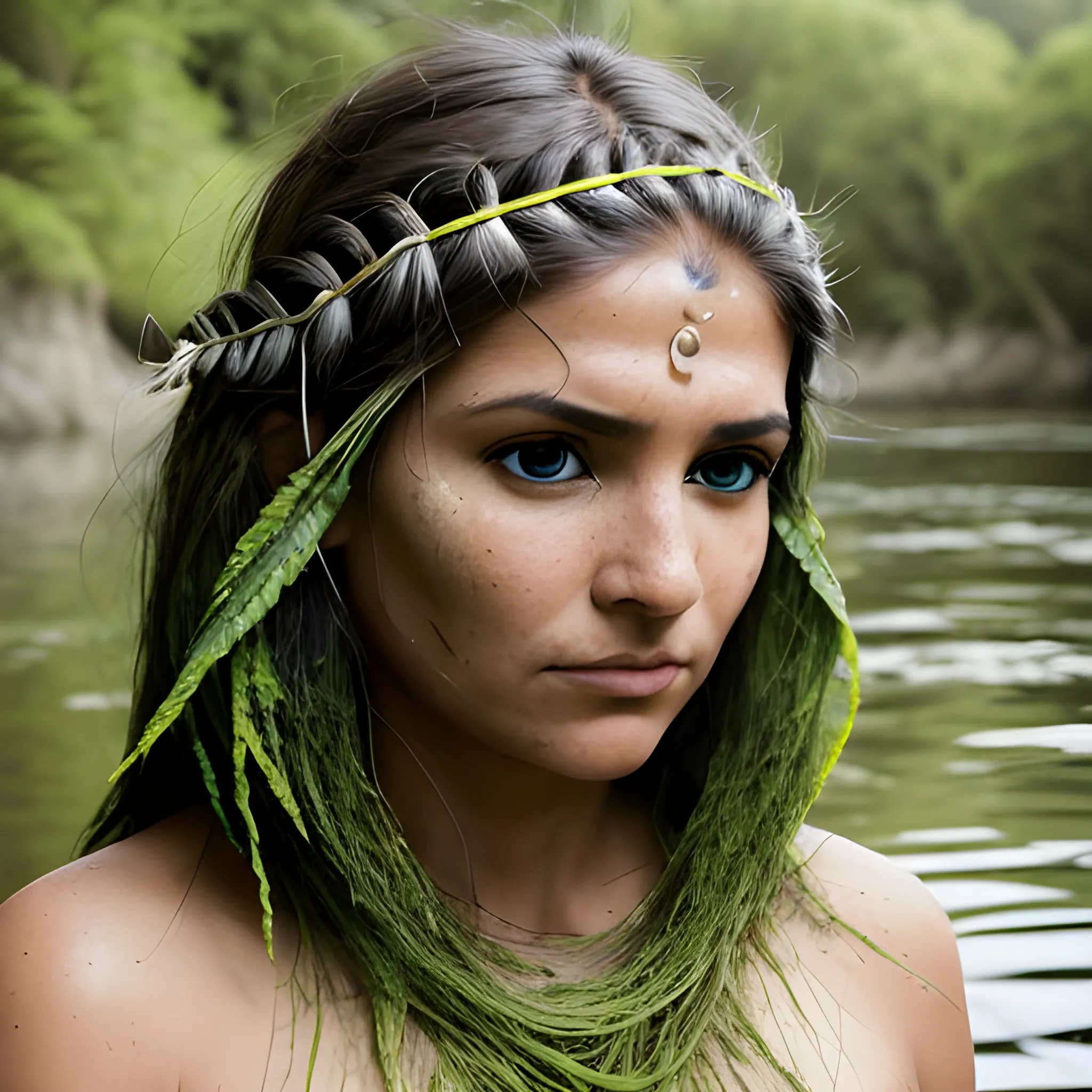 Retrato de bella mujer indigena de piel oscura y escote grandeo está en un lago lleno de lotos. Vestido blanco de verano. Su cabello mojado cae en cascada. El exuberante ambiente verde crean una atmósfera mística, que la suave iluminación y su mirada introspectivas transmiten una conexión con la naturaleza. Esta cautivadora imagen.