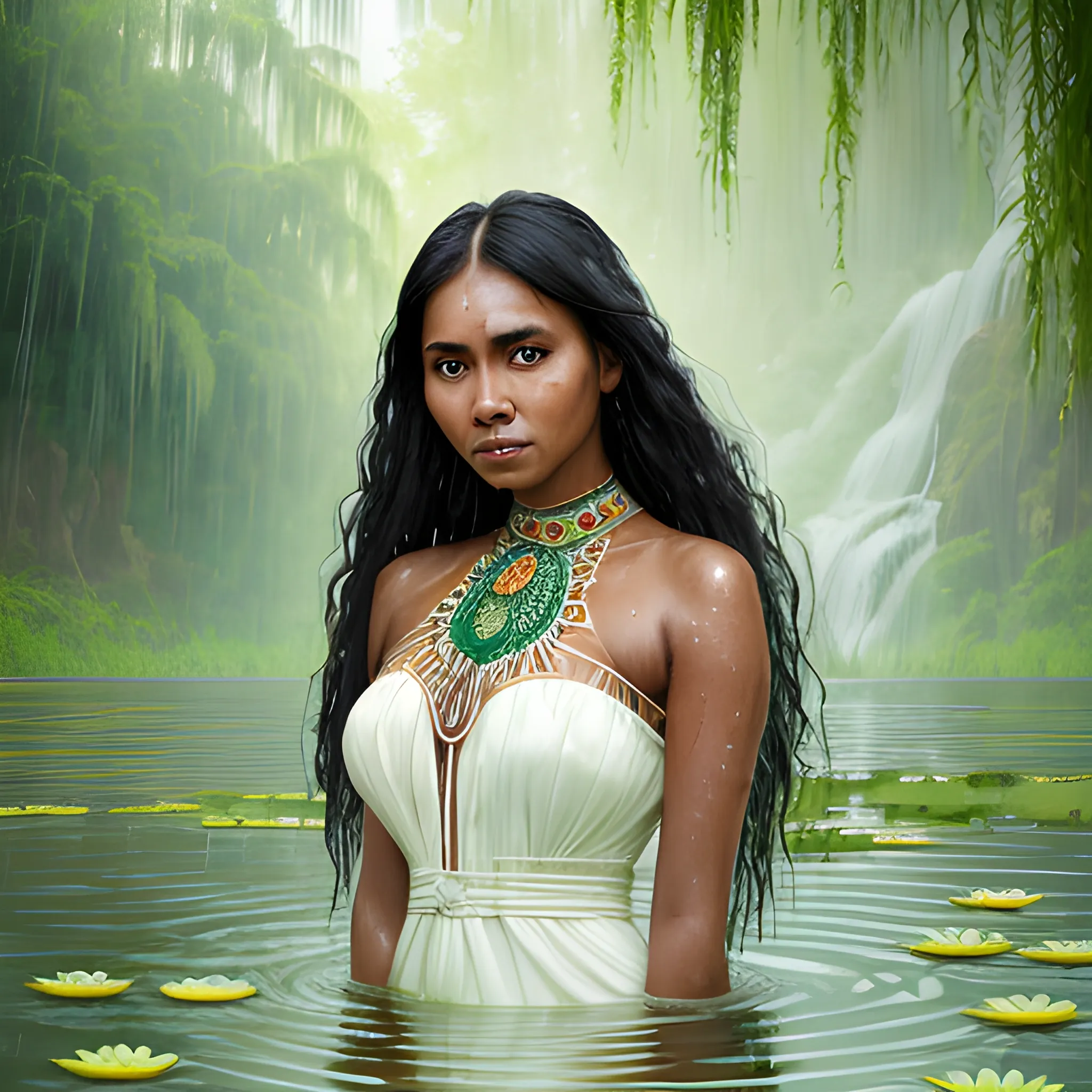 Portrait of a beautiful indigenous woman with dark skin and a large neckline standing in a lake full of lotuses. White summer dress. Her wet hair falls in a cascade. The lush green environment creates a mystical atmosphere, which the soft lighting and introspective gaze convey a connection with nature. This captivating image., Water Color