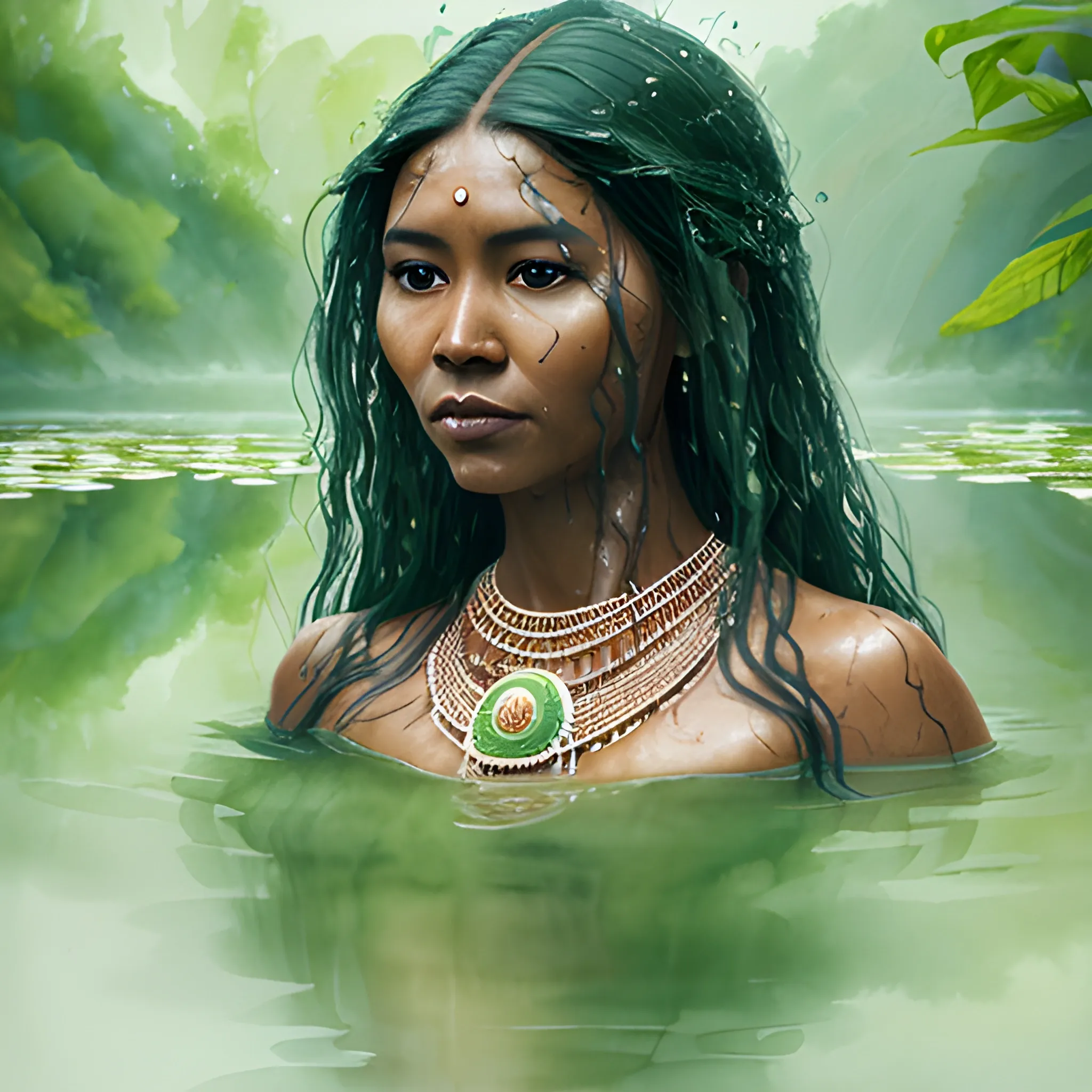 Portrait of a beautiful indigenous woman with dark skin and a large neckline standing in a lake full of lotuses. White summer dress. Her wet hair falls in a cascade. The lush green environment creates a mystical atmosphere, which the soft lighting and introspective gaze convey a connection with nature. This captivating image., Water Color, Water Color