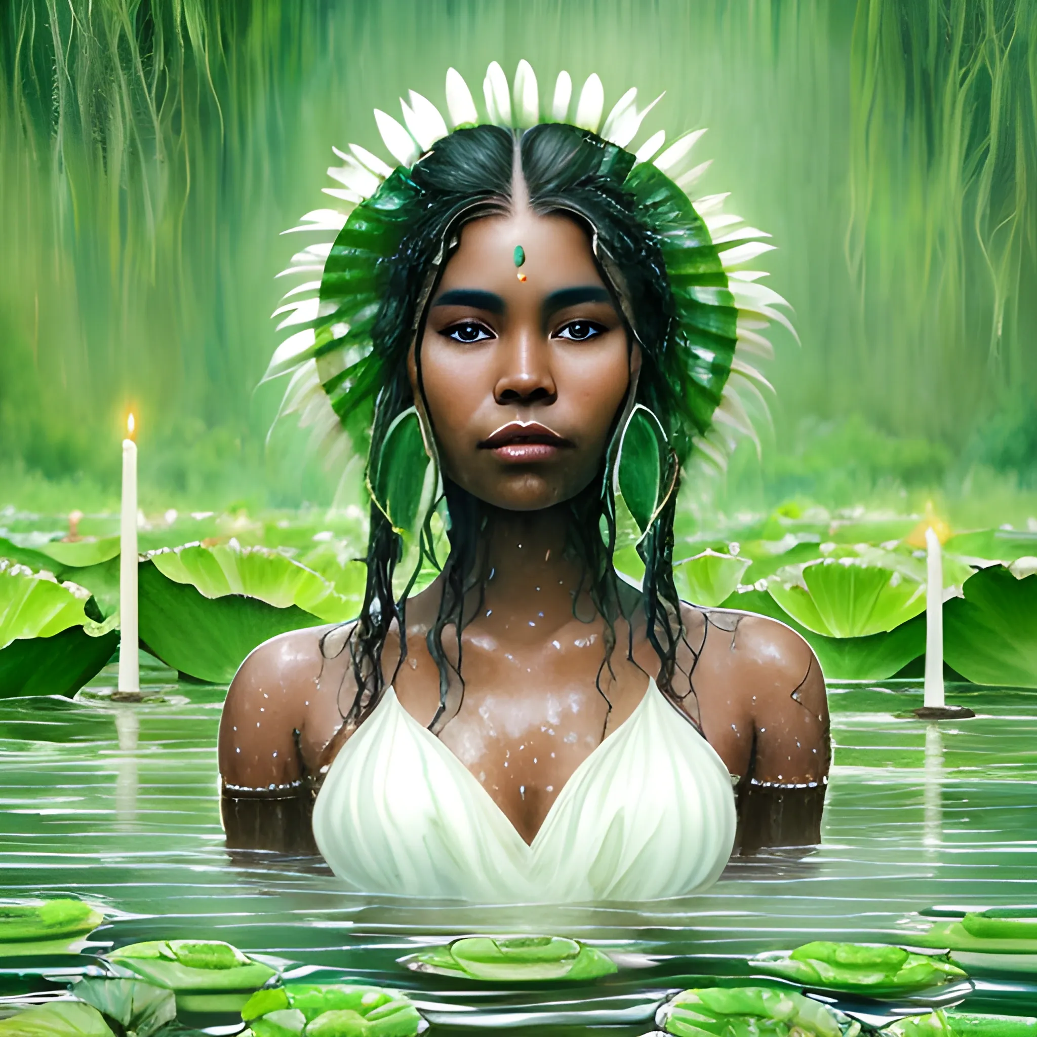 Portrait of a beautiful indigenous woman with dark skin and a large neckline standing in a lake full of lotuses. White summer dress. Her wet hair falls in a cascade. The lush green environment creates a mystical atmosphere, which the soft lighting and introspective gaze convey a connection with nature. This captivating image., Water Color, Water Color, Trippy