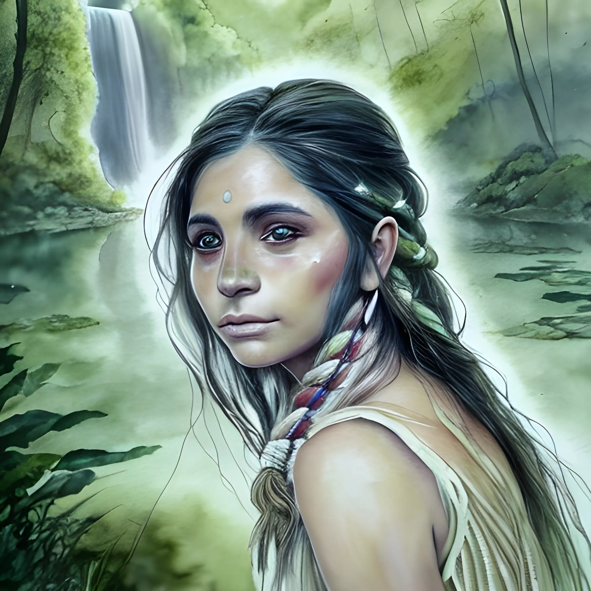 Retrato de una hermosa mujer indígena con piel oscura y un gran escote parado en un lago lleno de lotos. Vestido blanco de verano. Su cabello mojado cae en una cascada. El exuberante ambiente verde crea una atmósfera mística, que la iluminación suave y la mirada introspectiva transmiten una conexión con la naturaleza, Water Color