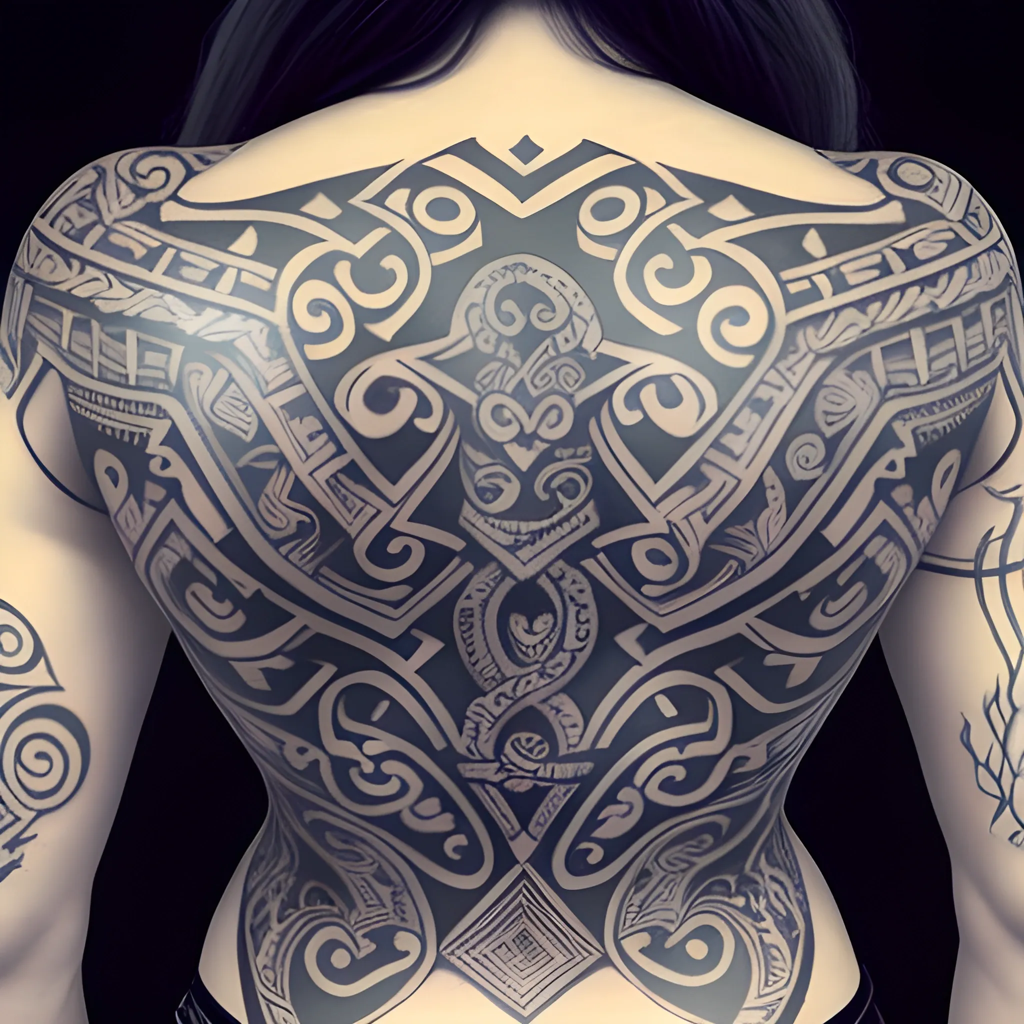 Full back woman tattoo with manaia, maori tattoo art, Pencil Sketch