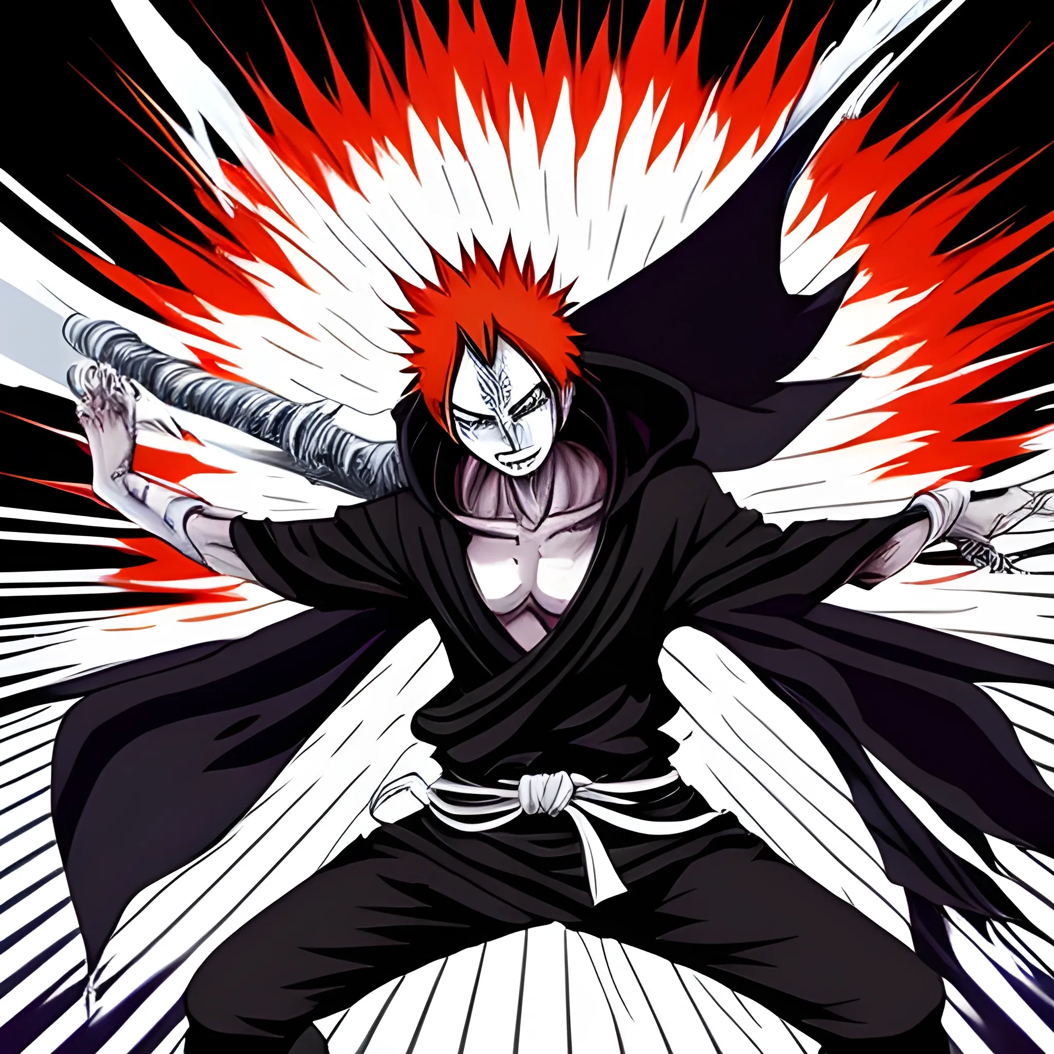 Ichigo Kurosaki in his hollow form, wearing the Akatsuki cloak, unleashing his fully released zanpakuto in a fierce battle stance, surrounded by swirling energy and debris.
, Cartoon