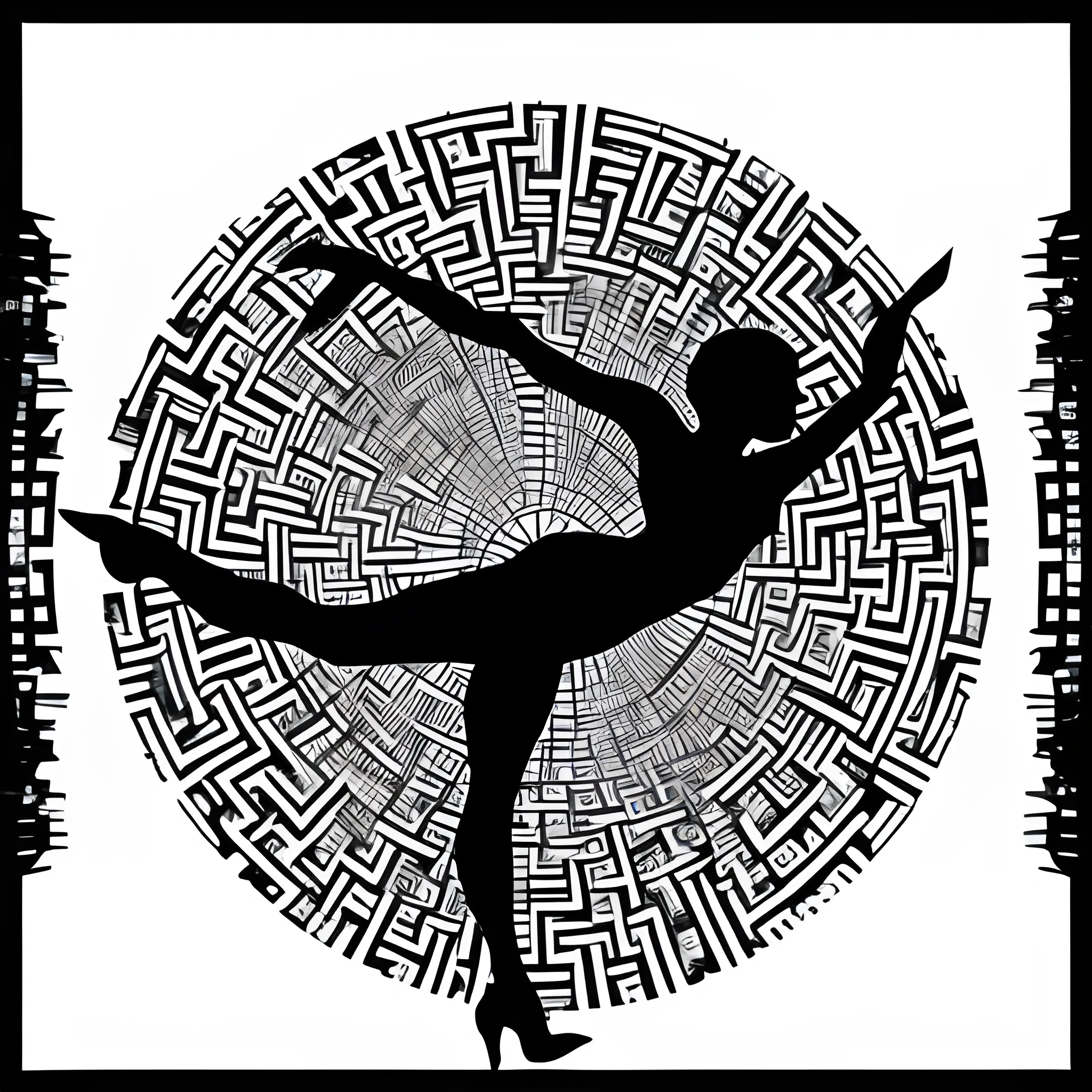 Panopticon Vibrant veil: Create an monochrome, highlighting a dynamic silhouette of a twirling dancer, pure white background contrasts, black color of the dancer in the air. in a maze of positive and negative thoughts. style in surrealism Texture, Space background