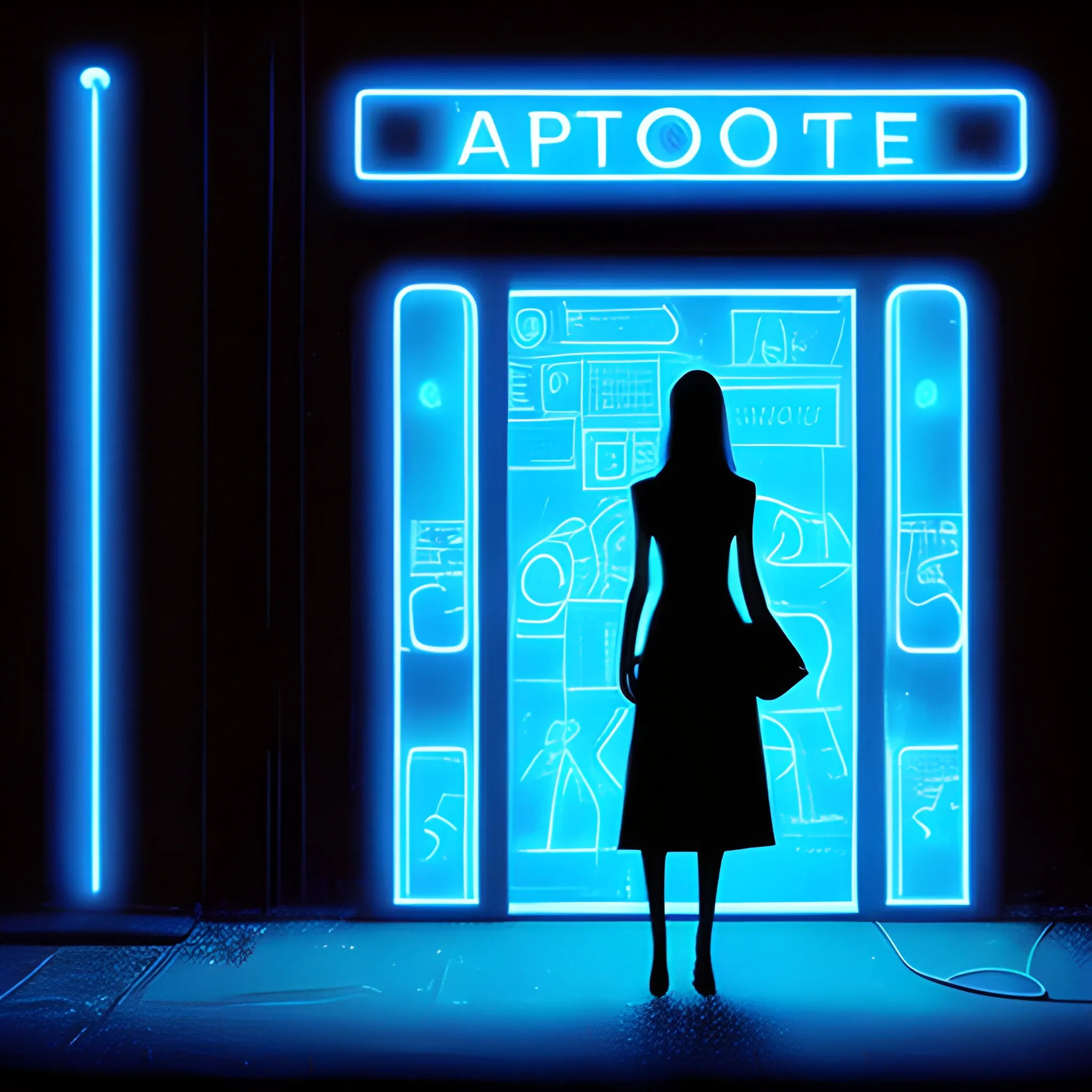 photography, nighttime scene centered on an entrance, illuminated by a stark blue neon 'Why you here?' sign, a lone creepy woman silhouette stands in the frame, creating a contrast with the muted, urban surroundings and dimly lit setting, Trippy