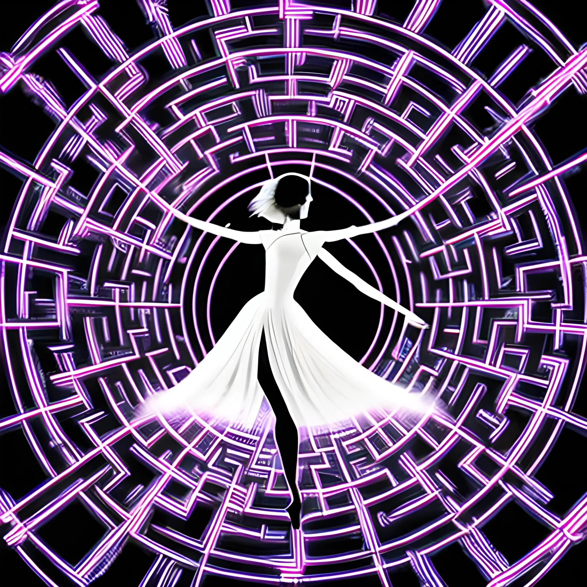 Panopticon Vibrant veil: Create an monochrome, highlighting a dynamic silhouette of a twirling dancer, pure black background contrasts, white color of the dancer in the air. in a maze of positive and negative thoughts. style in surrealism Texture, Space background