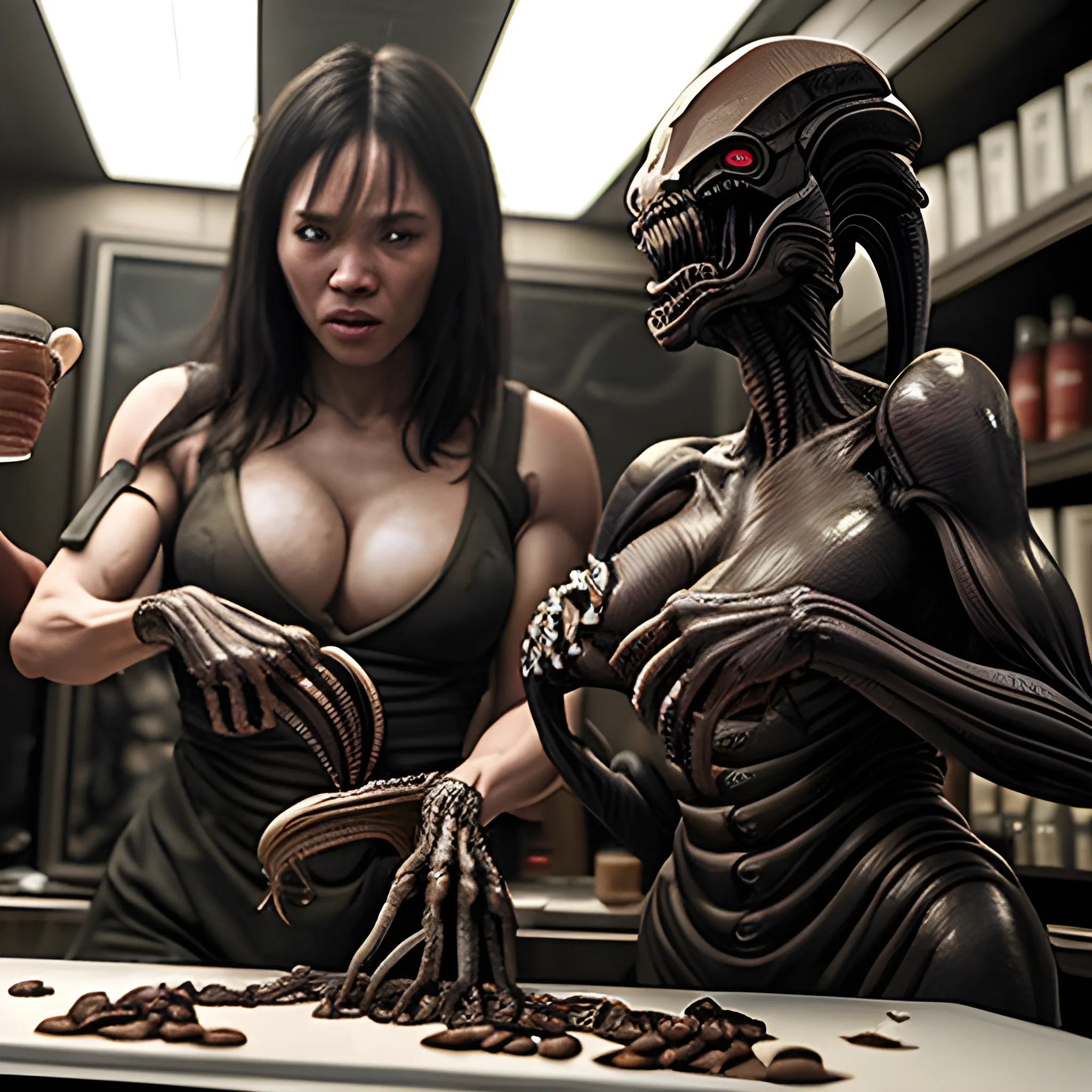 (Masterpiece Best Quality), (Extremely Complex: 1.2), Xenomorph Women Prepping for the Rampage with coffee, perfect, ultra-clear Chinese style