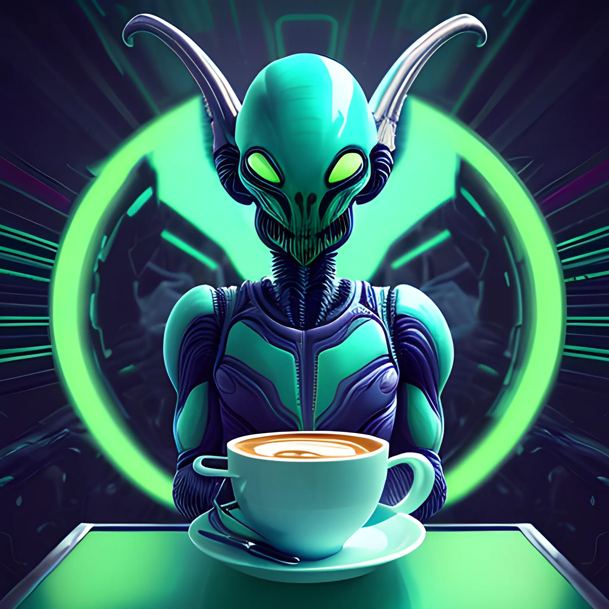 Auroral Dreamscape style of a Xenomorph Prepping for the Rampage with Coffee, merging aurora-like dreaminess with a realistic touch, in soft blue, pea green, green gold and gava blue