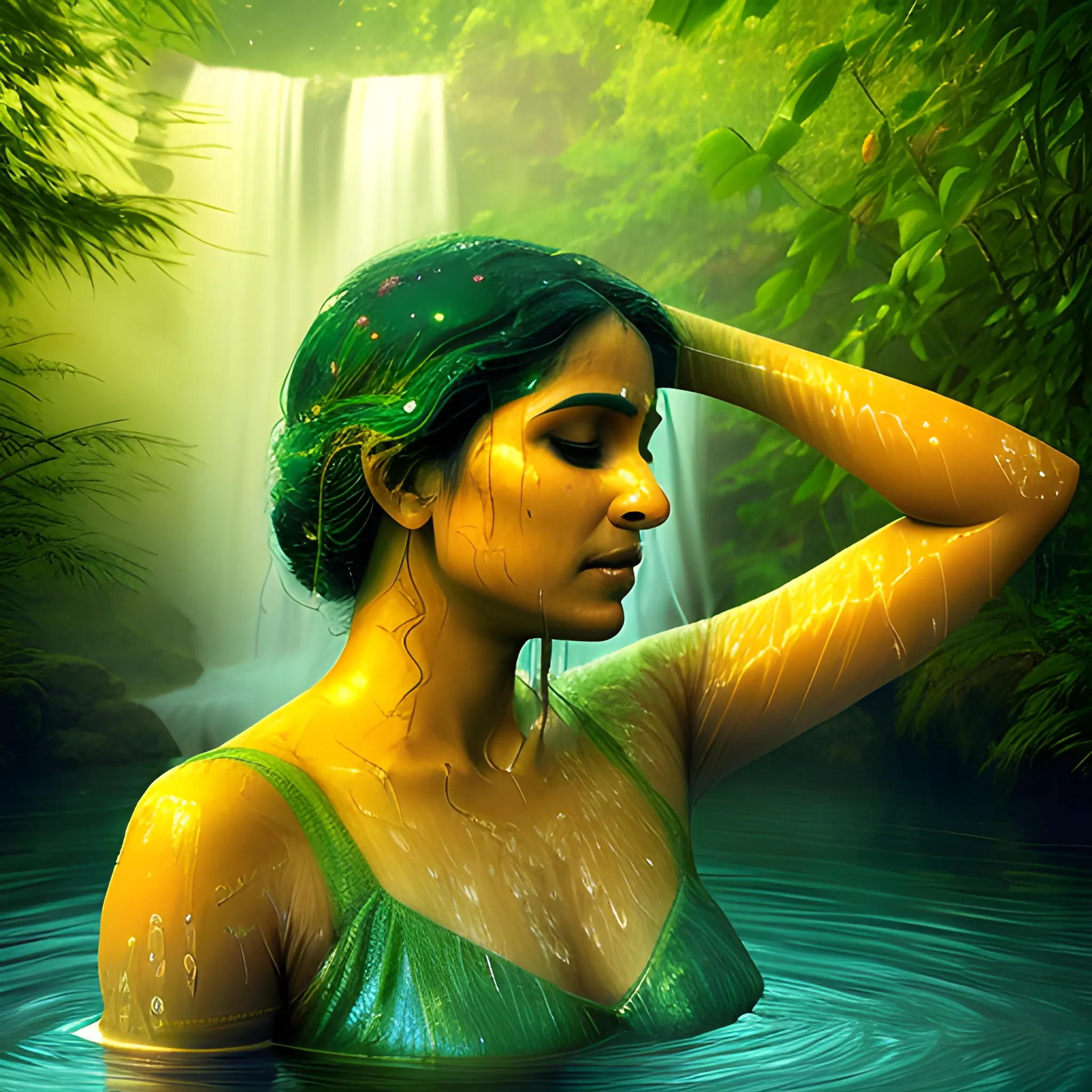 Auroral Dreamscape: A Close-Up View of an Indian Woman's Serene Moment. In the misty veil of a waterfall, a 42-year-old Indian woman bathes under the soft glow of aurora-inspired hues - pea green, green gold, and gava blue. Her backside is framed by lush foliage, as delicate ripples dance across the water. The dreamlike quality is enhanced by the subtle fusion of reality and fantasy.