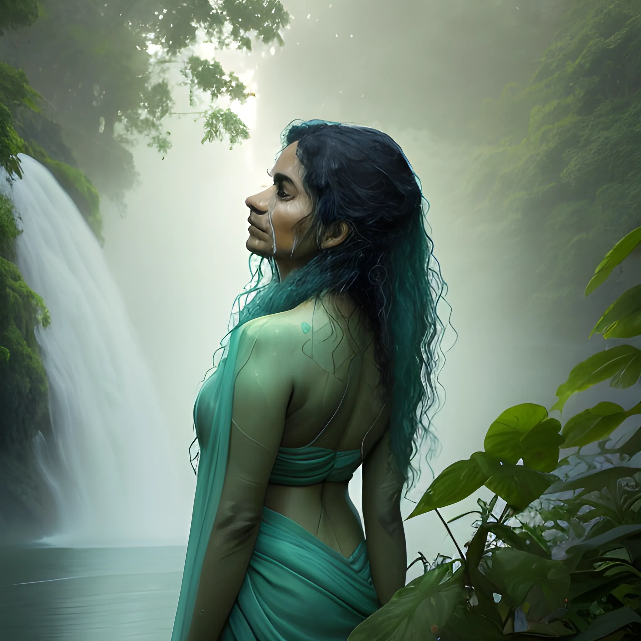 A 42-year-old Indian woman's wet hair cascades down her backside view as she stands beneath the misty veil of a waterfall. Soft blue and pea green hues dance across her skin, infused with wispy tendrils of auroral color. The dreamlike atmosphere is tempered by realistic details: gentle ripples on the water's surface and the woman's serene expression. Green gold tones illuminate her features, while gava blue accents deepen the surrounding foliage, blending seamlessly into the misty veil.