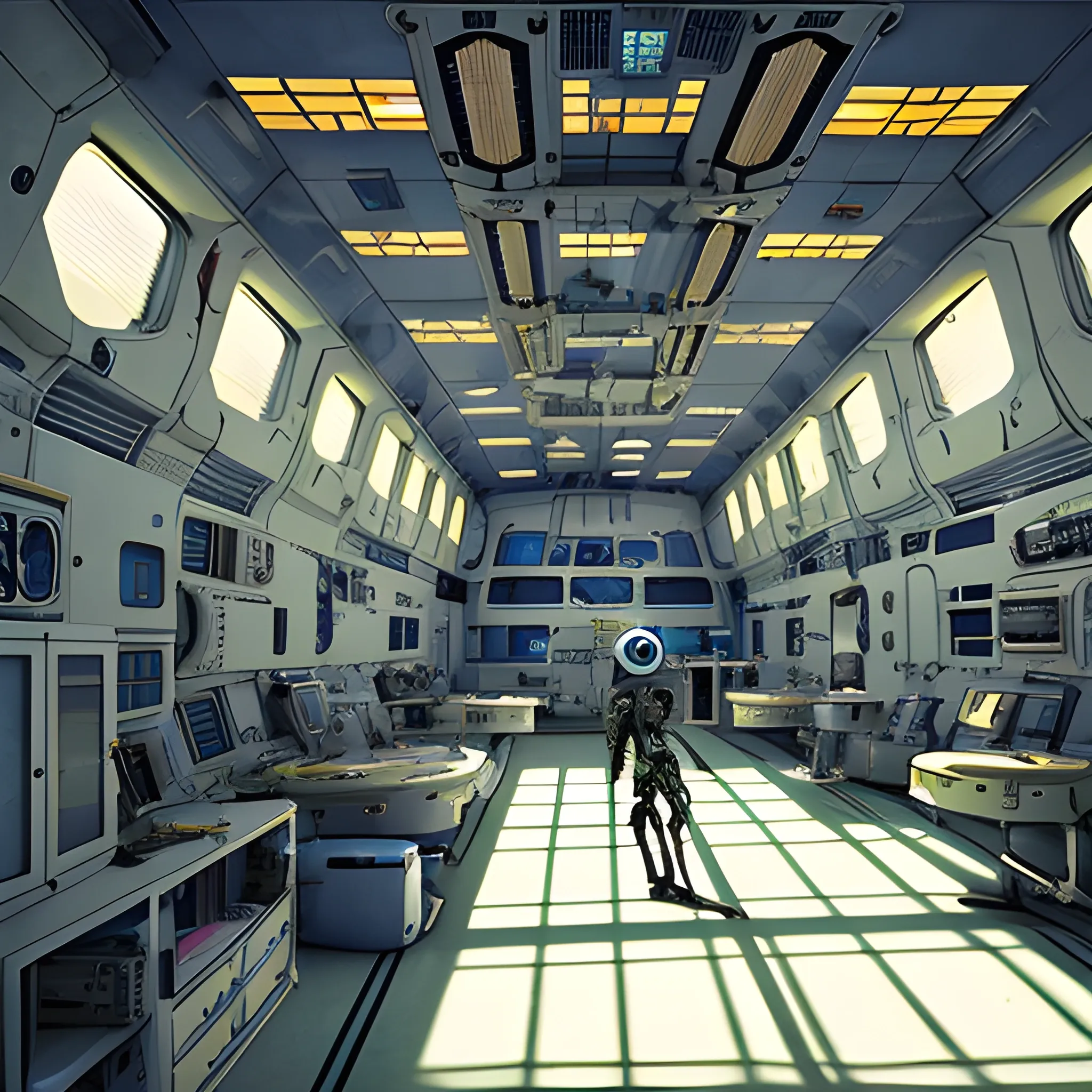 ((Research Space Station's interior))).There are starships of many sizes, shapes, colors,& ship condition.Some need repairs,need a refit,& others need a complete overhaul.The styles are, from Gerry and Silvia Anderson,& Judith Garfield & Reeves-Stevens.Ships are being fixed, Inside the docking bay.There is wall screen showing a research lab.Men, women, droids, cyborgs,aliens working.