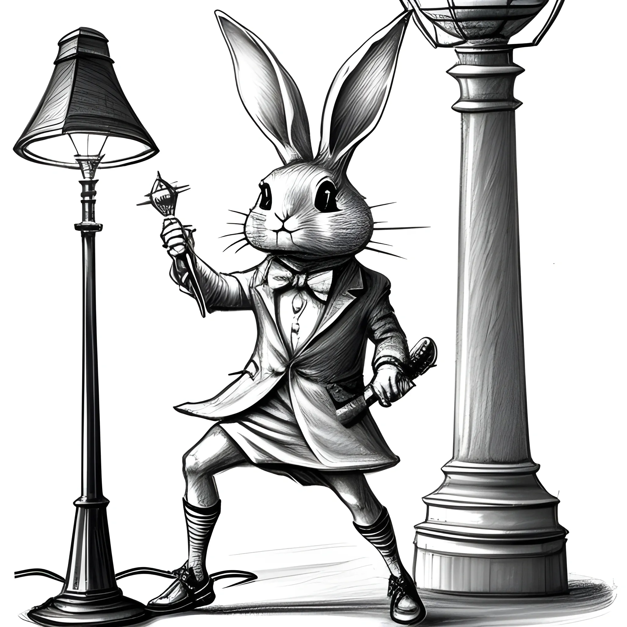 singing rabbit with expensive shoes wielding a lamp post as a sword, Pencil Sketch