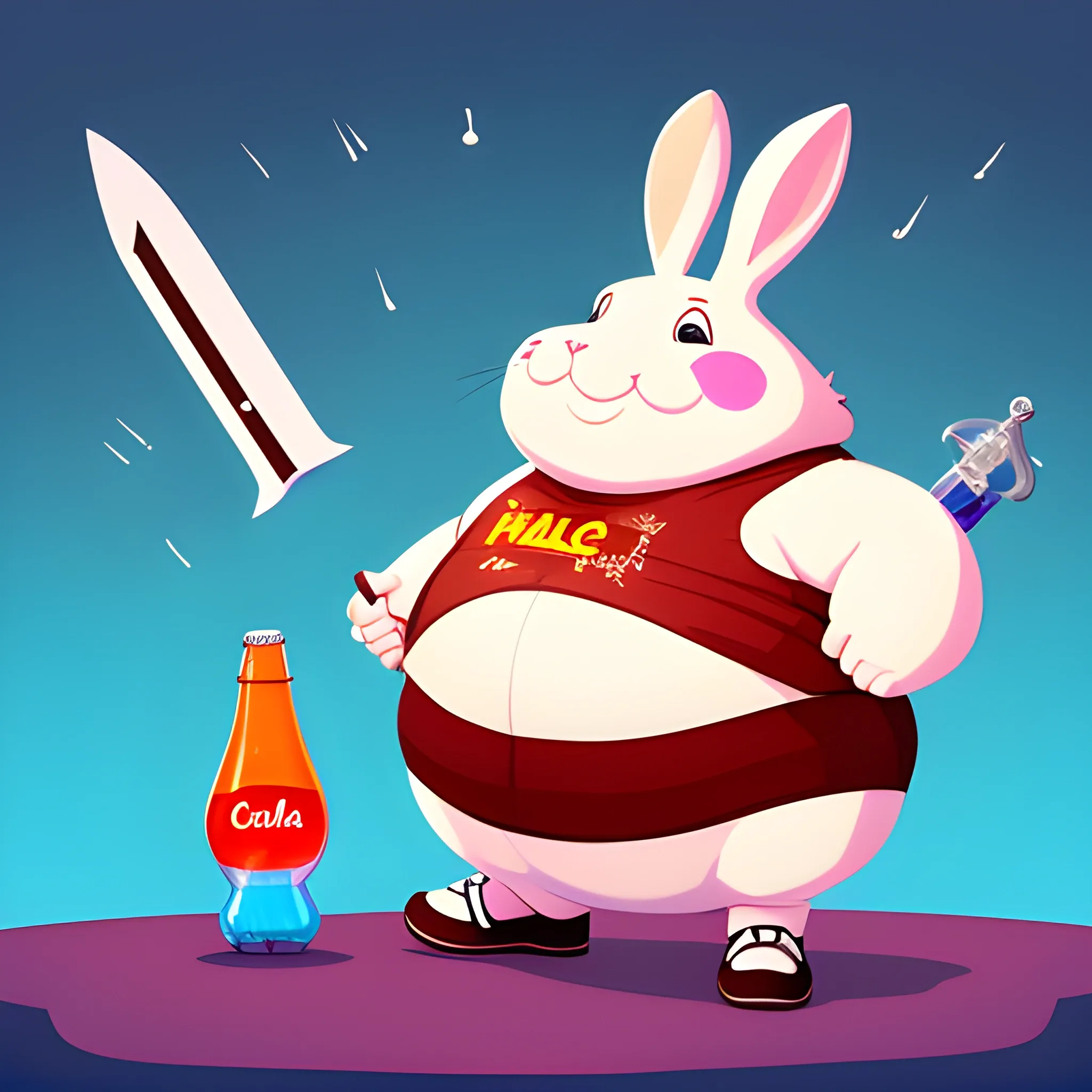 fat, singing rabbit wearing a bandana and gigantic shoes wielding a cola bottle as a sword, Cartoon