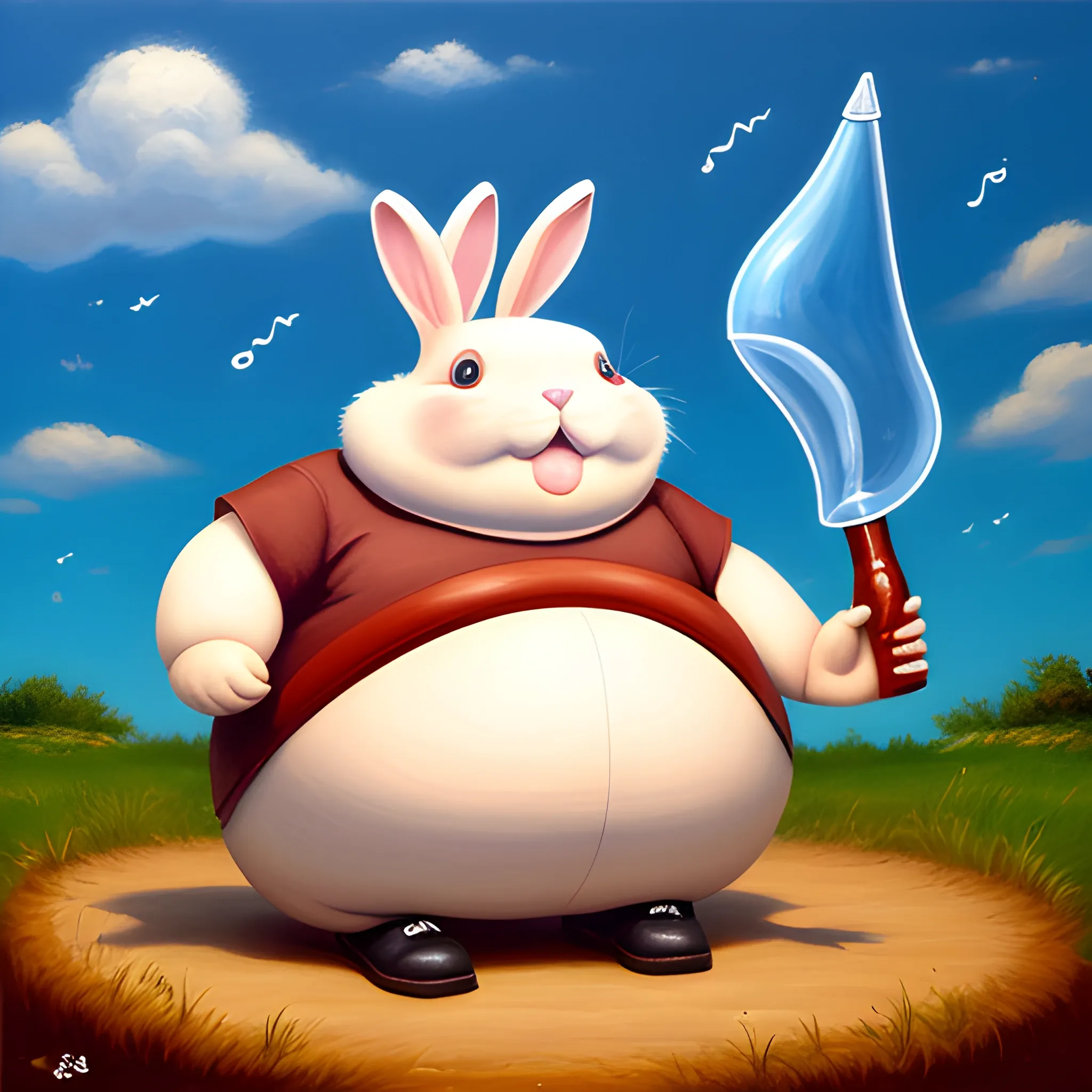 fat, singing rabbit wearing a bandana and gigantic shoes wielding a cola bottle as a sword, , Oil Painting