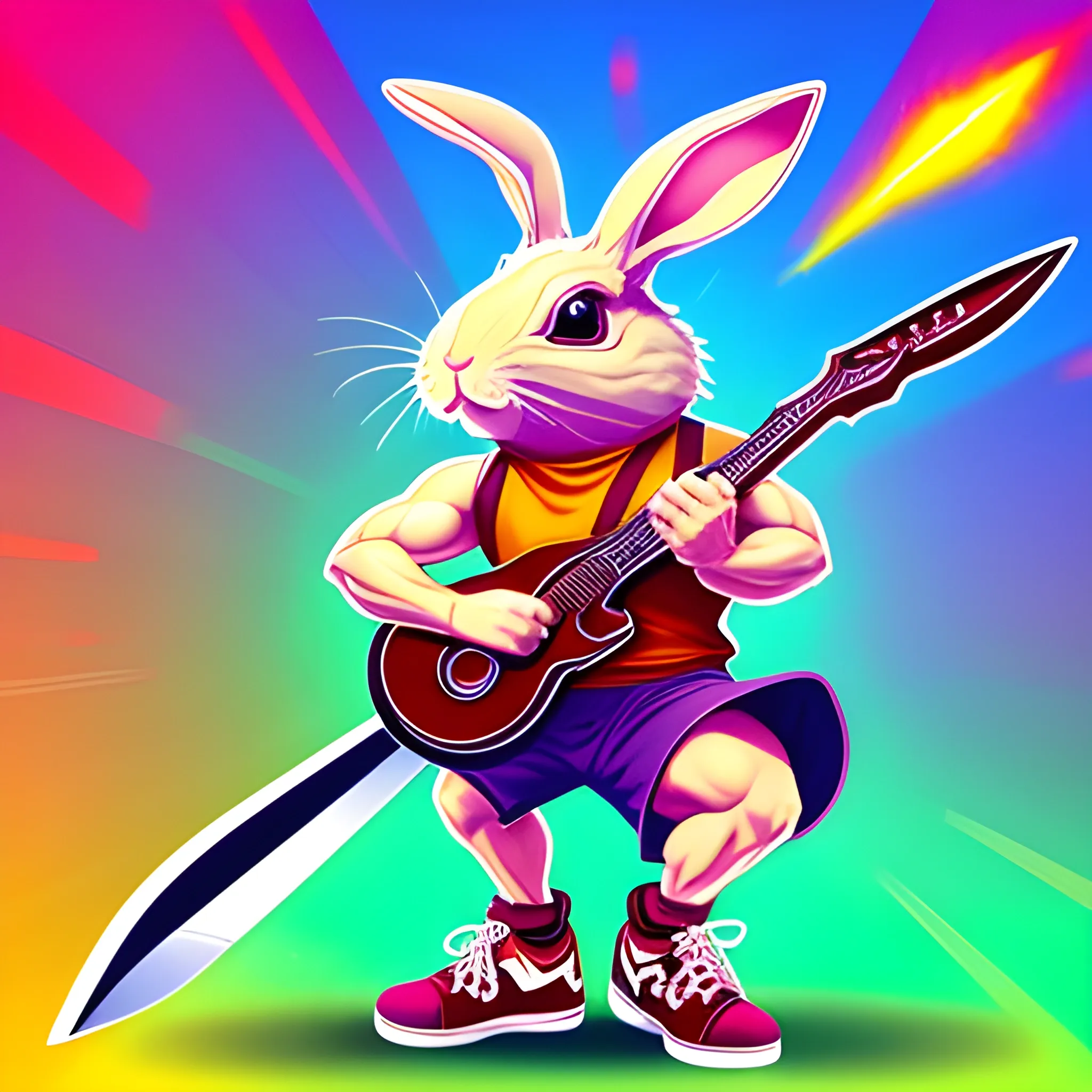 jacked, singing rabbit wearing a bandana and gigantic shoes wielding a cola bottle as a sword Trippy