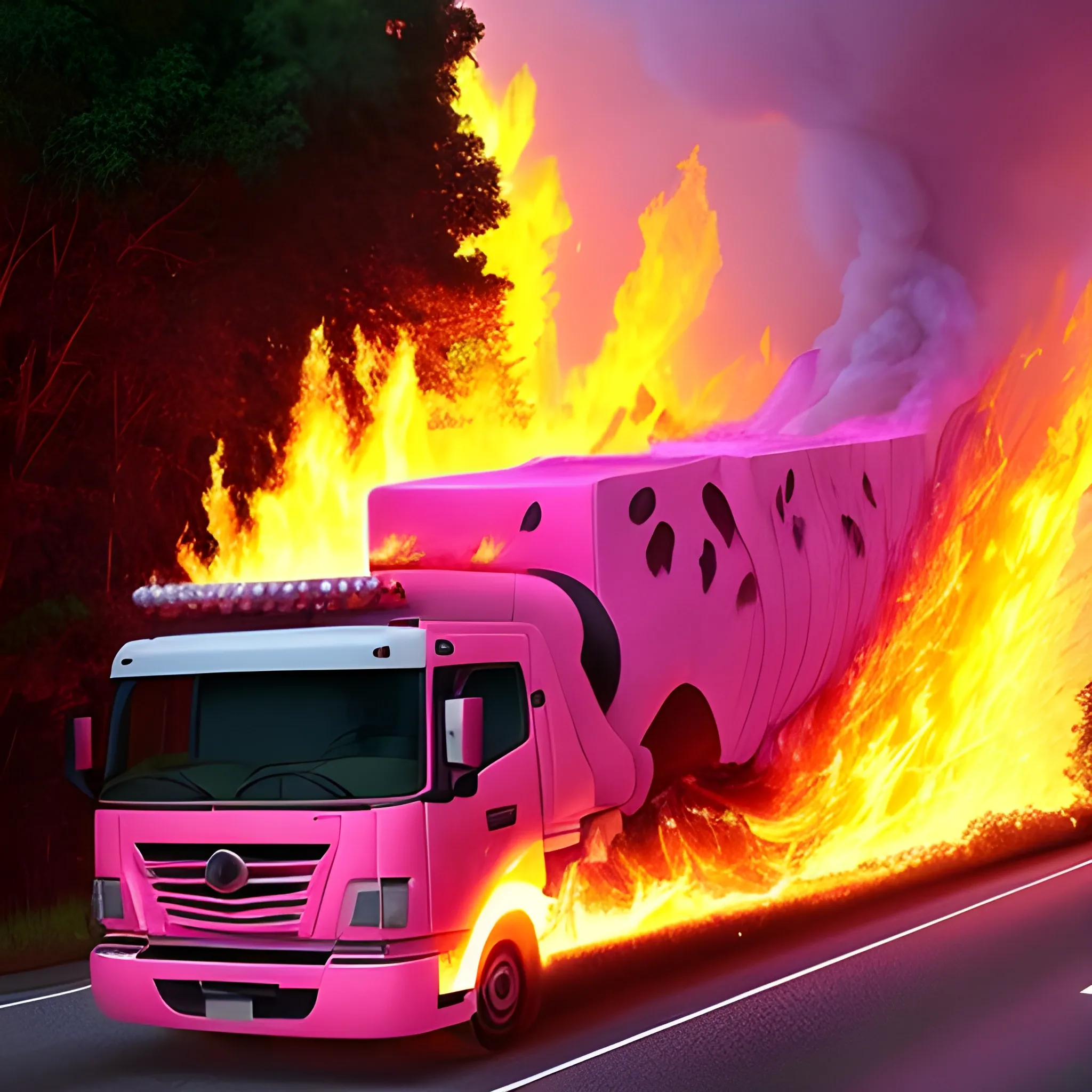 a cat shaped 8 wheeler crossing a pink river on fire, Trippy