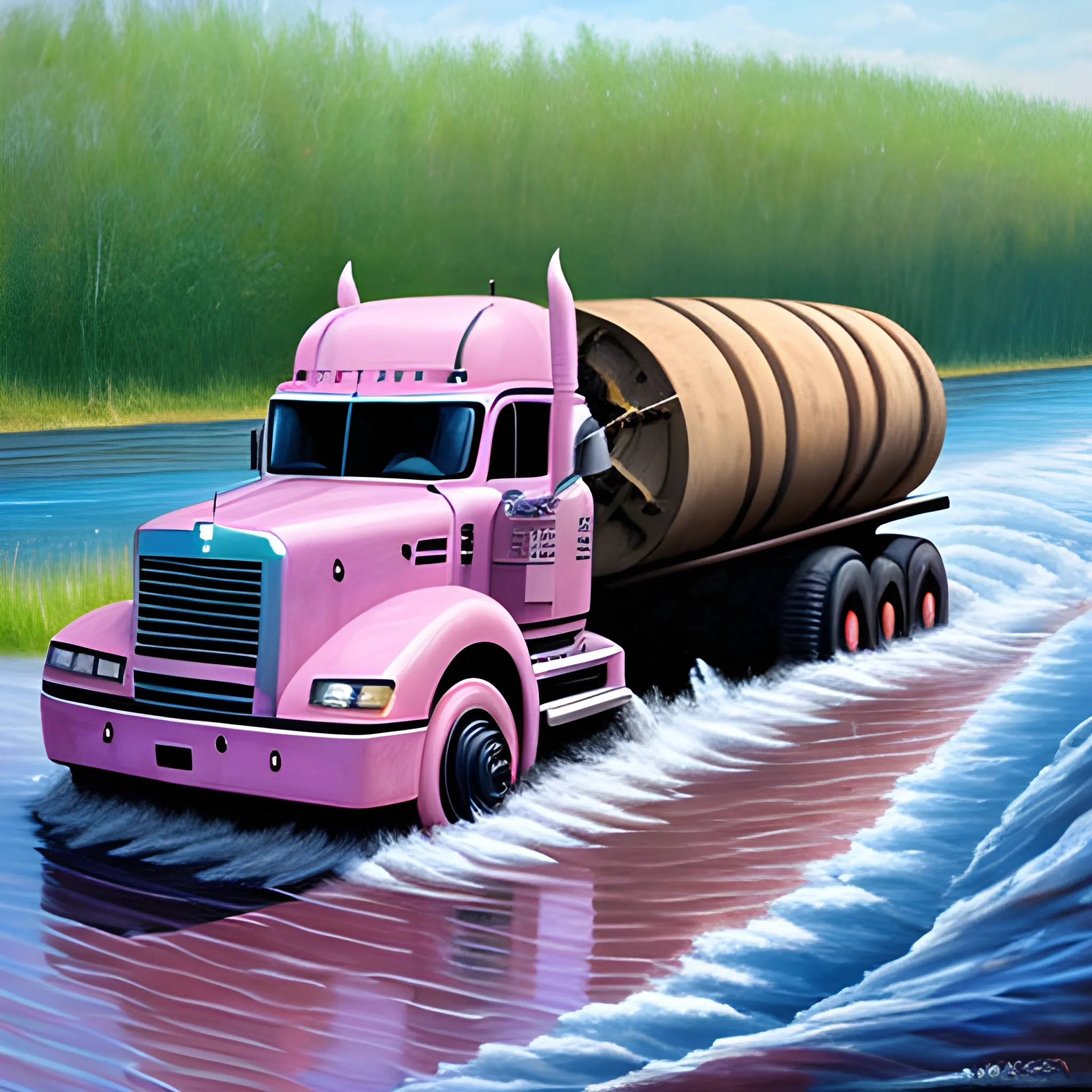 an 8 wheeler that's shaped like a racoon with huge teeth crossing river, the water is pink Trippy, , Oil Painting